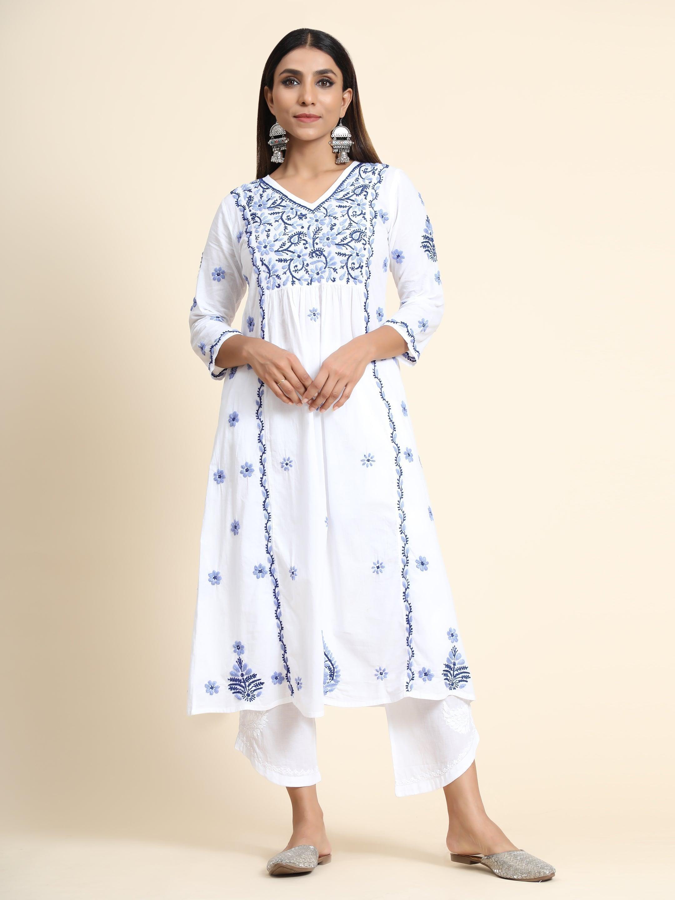 Hand embroidery Chikankari V neck Anarkali Dress | Long Kurti in Cotton For Women - House Of Kari (Chikankari Clothing)