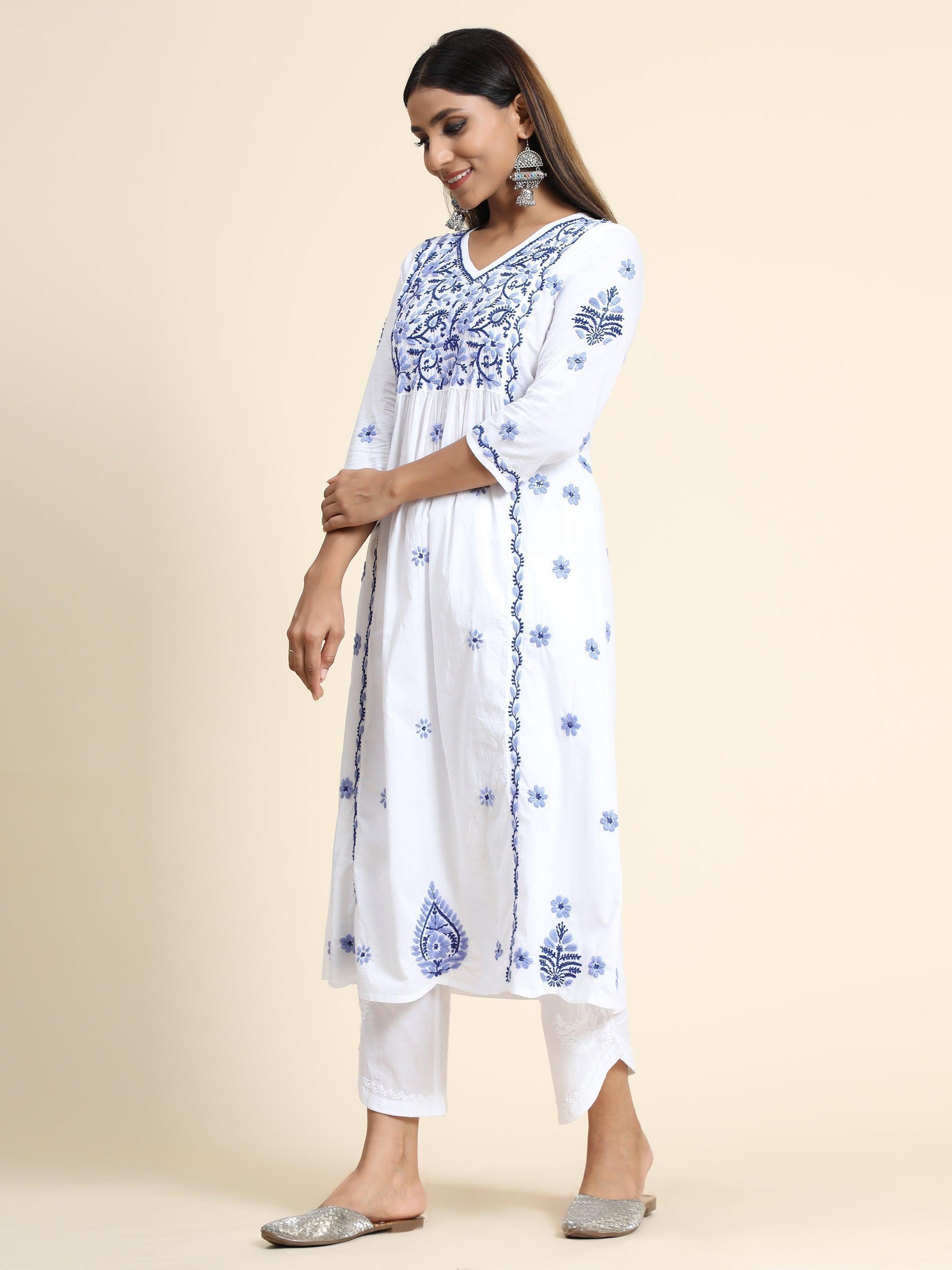Hand embroidery Chikankari V neck Anarkali Dress | Long Kurti in Cotton For Women - House Of Kari (Chikankari Clothing)