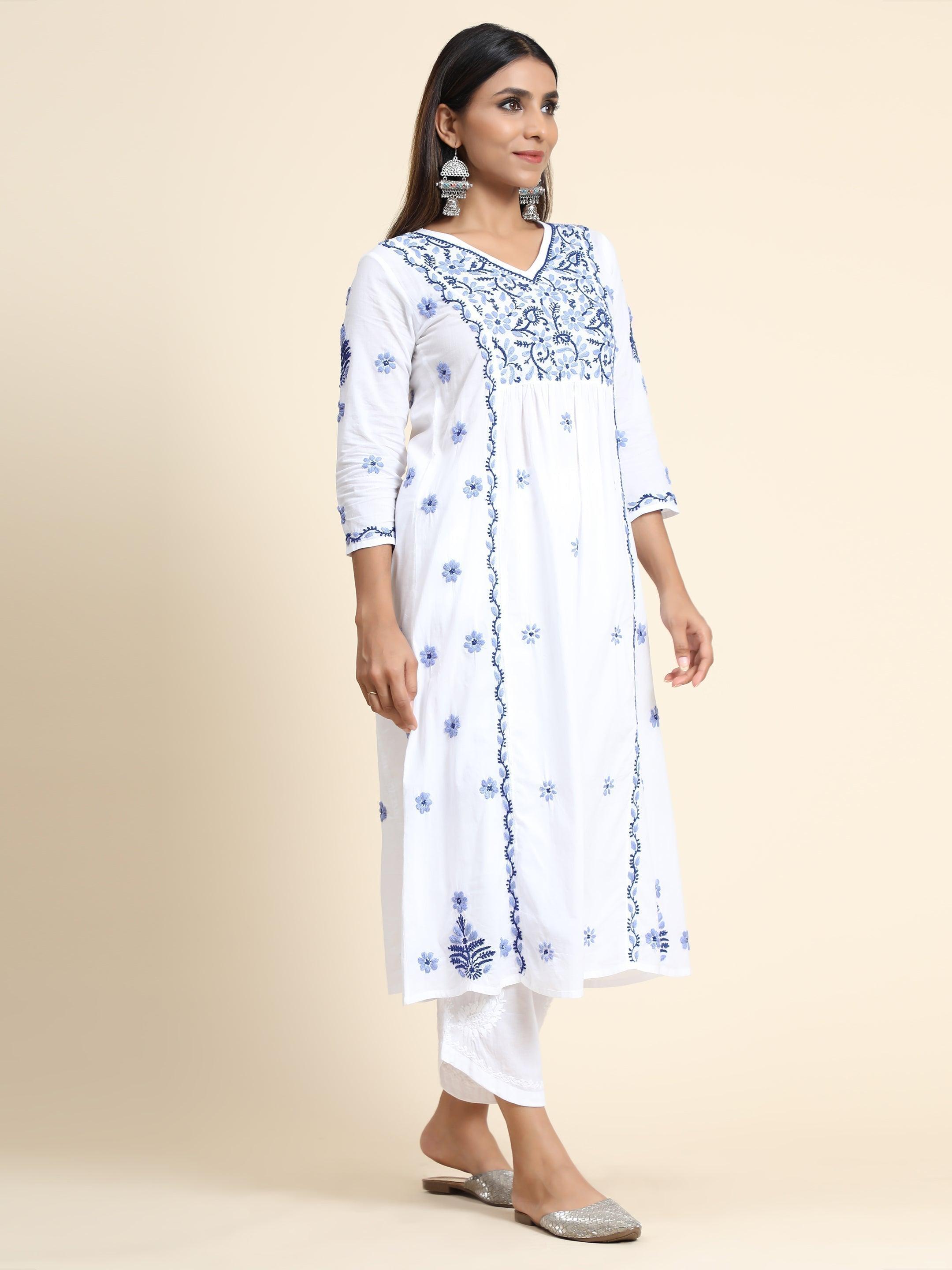 Hand embroidery Chikankari V neck Anarkali Dress | Long Kurti in Cotton For Women - House Of Kari (Chikankari Clothing)