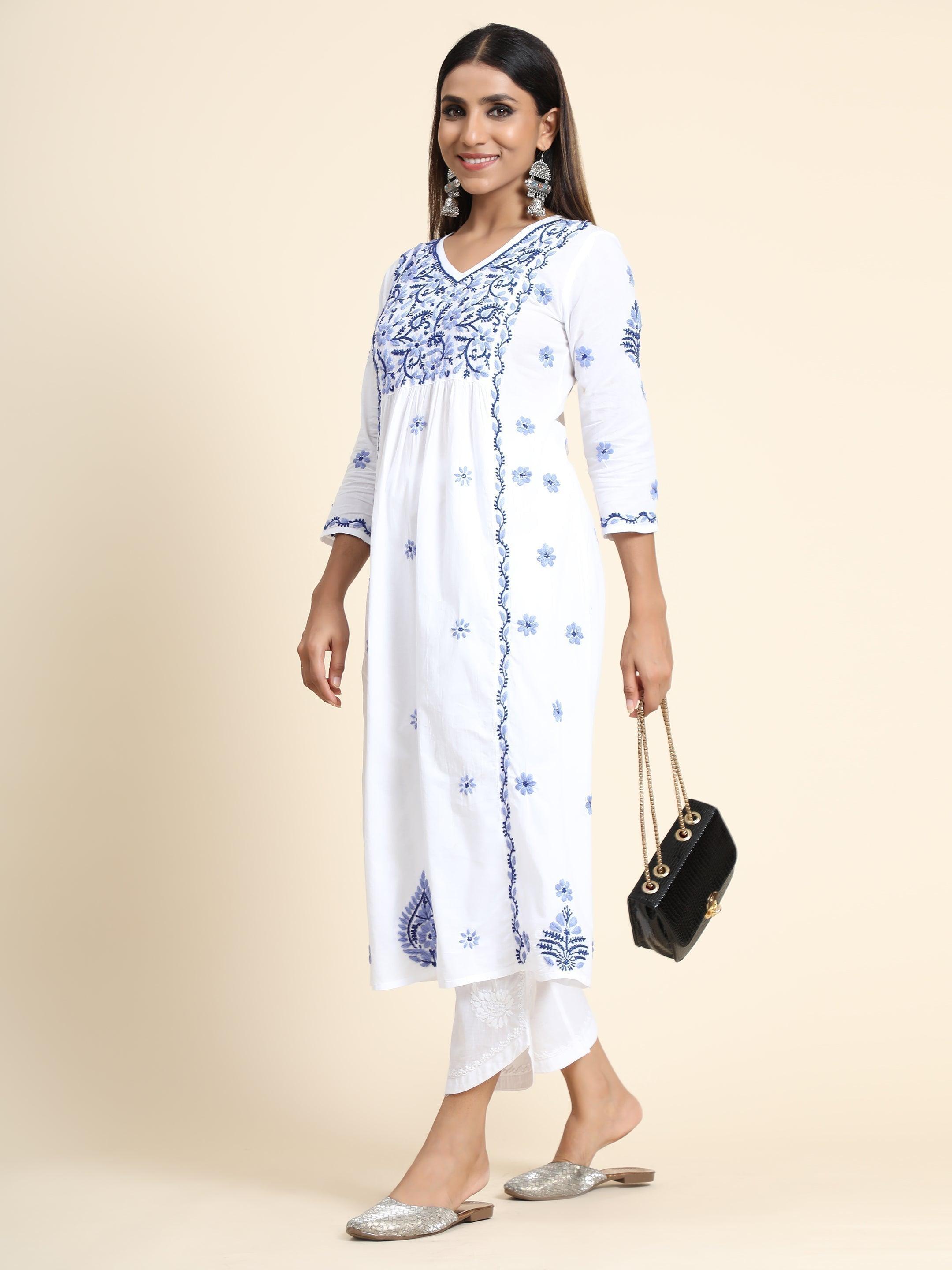 Hand embroidery Chikankari V neck Anarkali Dress | Long Kurti in Cotton For Women - House Of Kari (Chikankari Clothing)