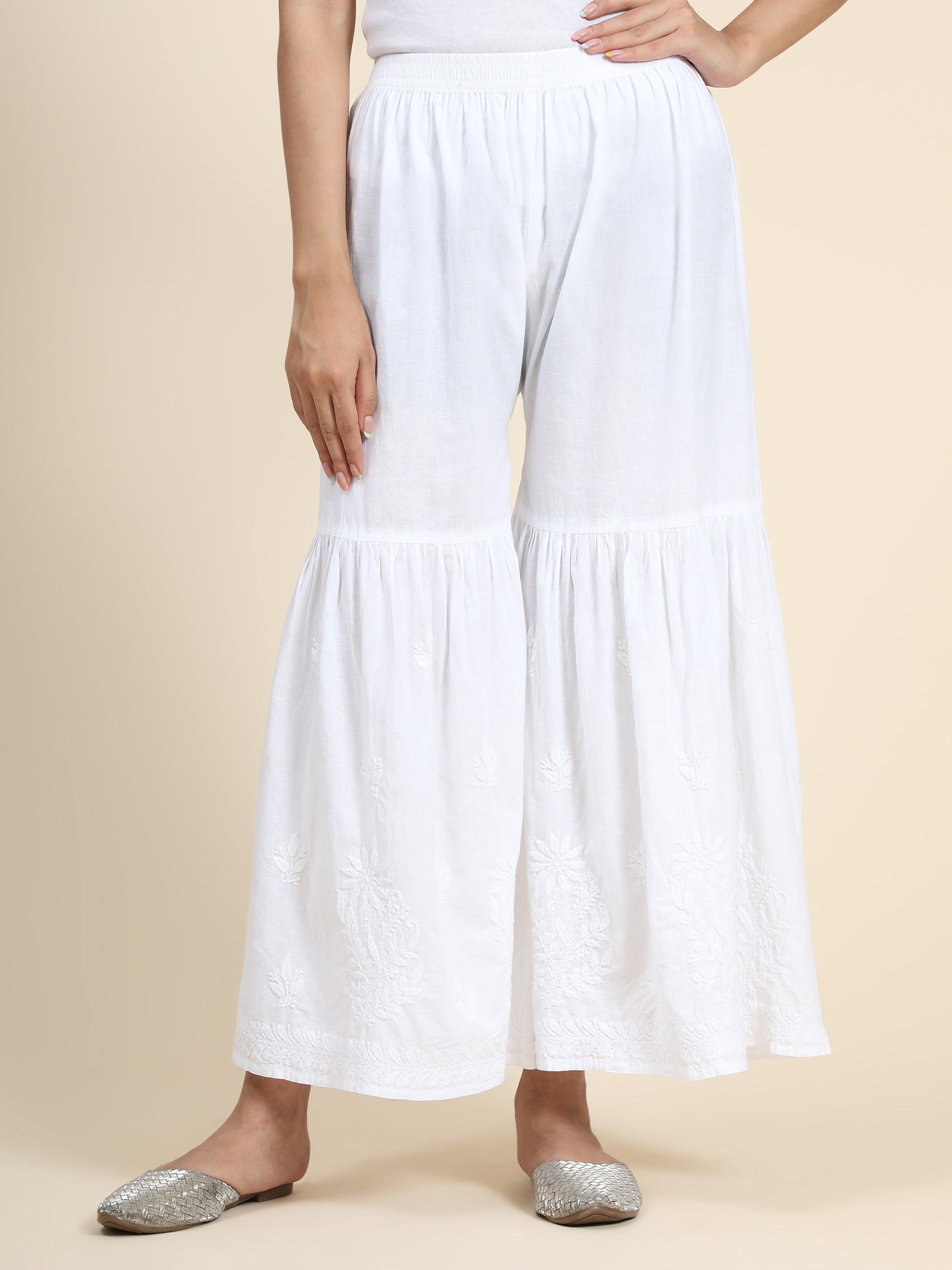 HOK Chikankari Cotton White Pant Garara - House Of Kari (Chikankari Clothing)