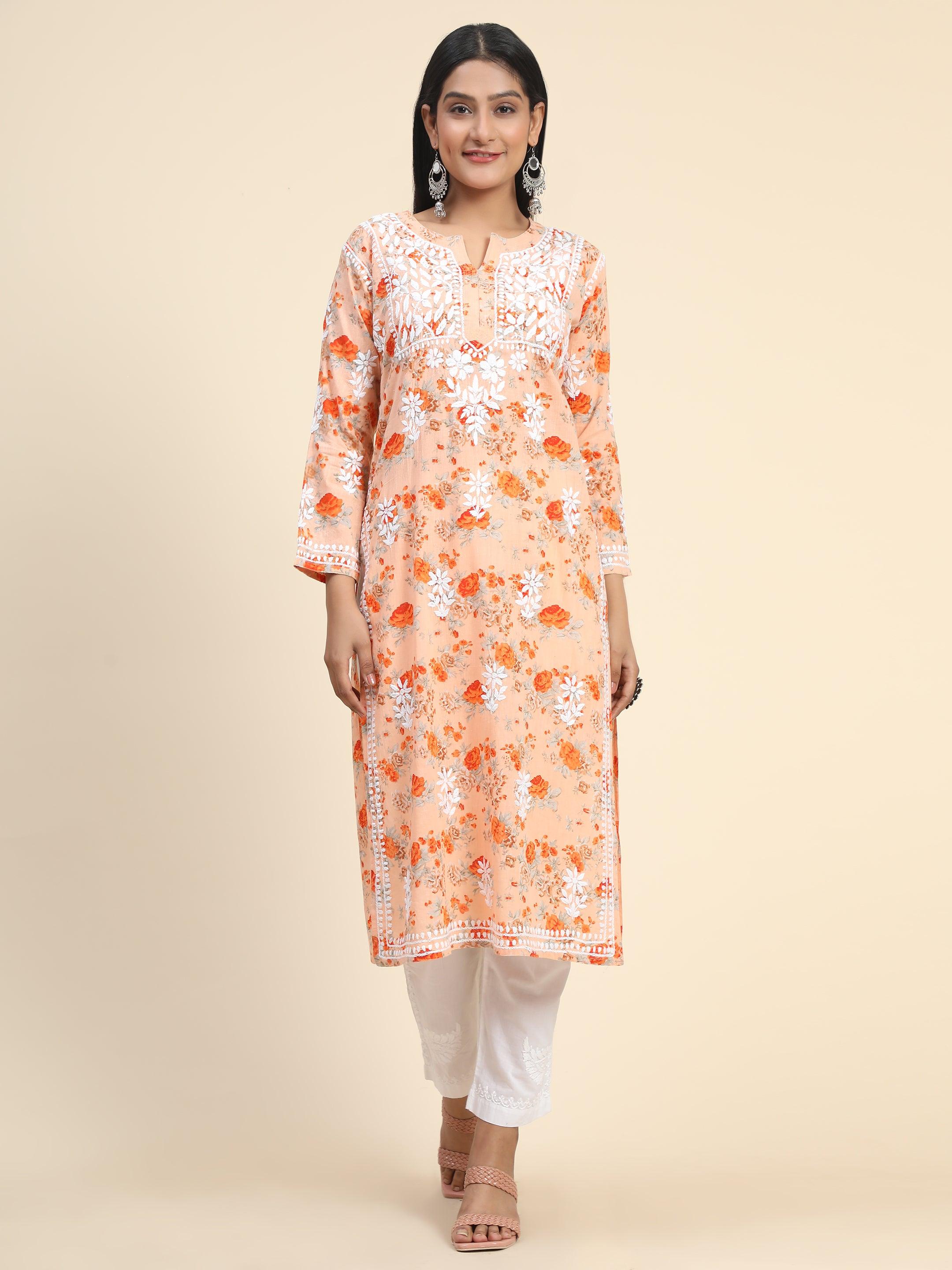 Samma Mul Printed Hand Embroidery Chikankari Kurta- Orange - House Of Kari (Chikankari Clothing)
