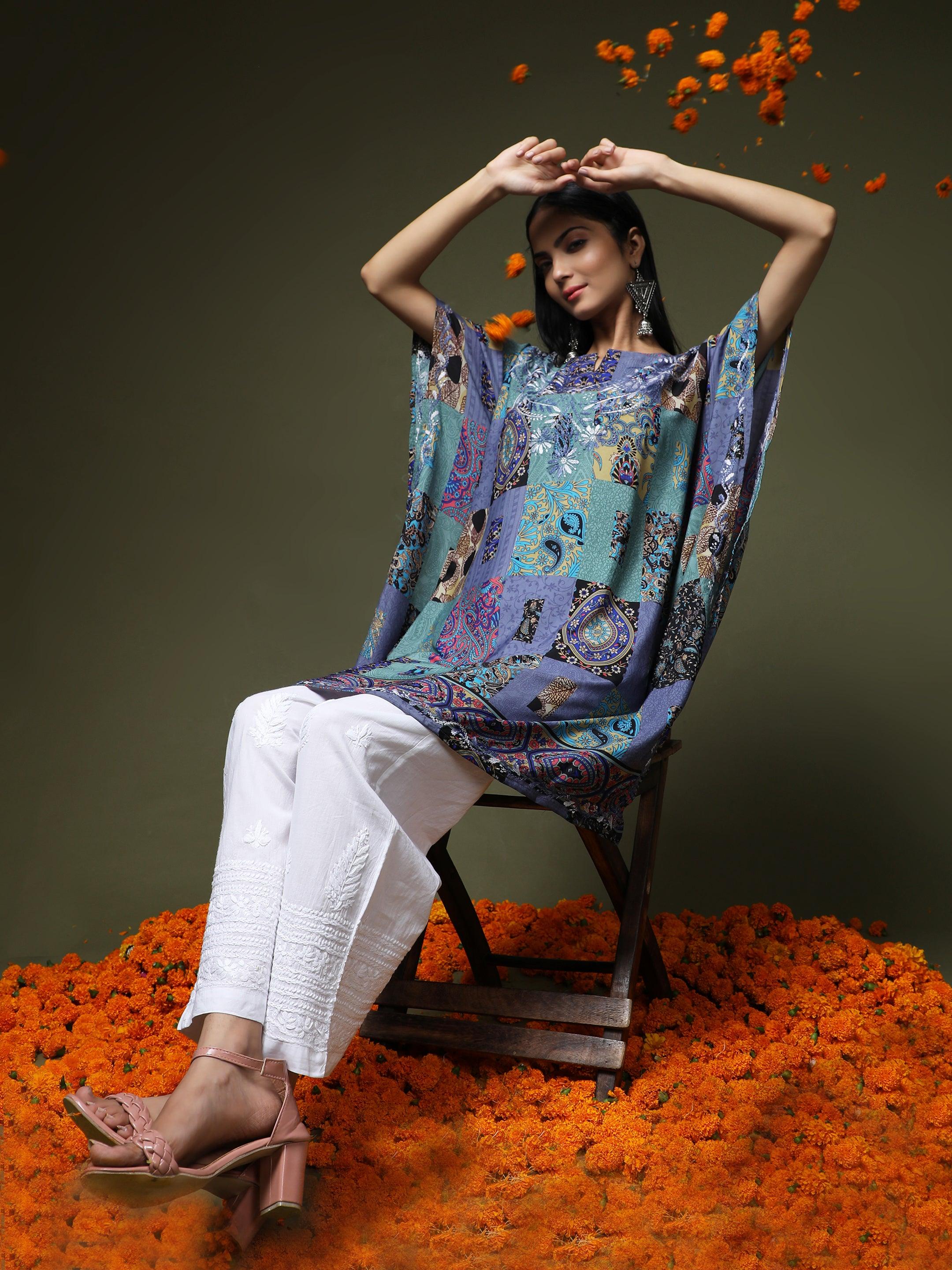 Premium Hand Embroidery Chikankari PolySilk Kaftan Topwear for Women Green - House Of Kari (Chikankari Clothing)