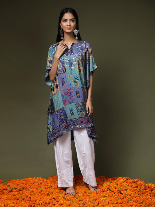 Premium Hand Embroidery Chikankari PolySilk Kaftan Topwear for Women Green - House Of Kari (Chikankari Clothing)
