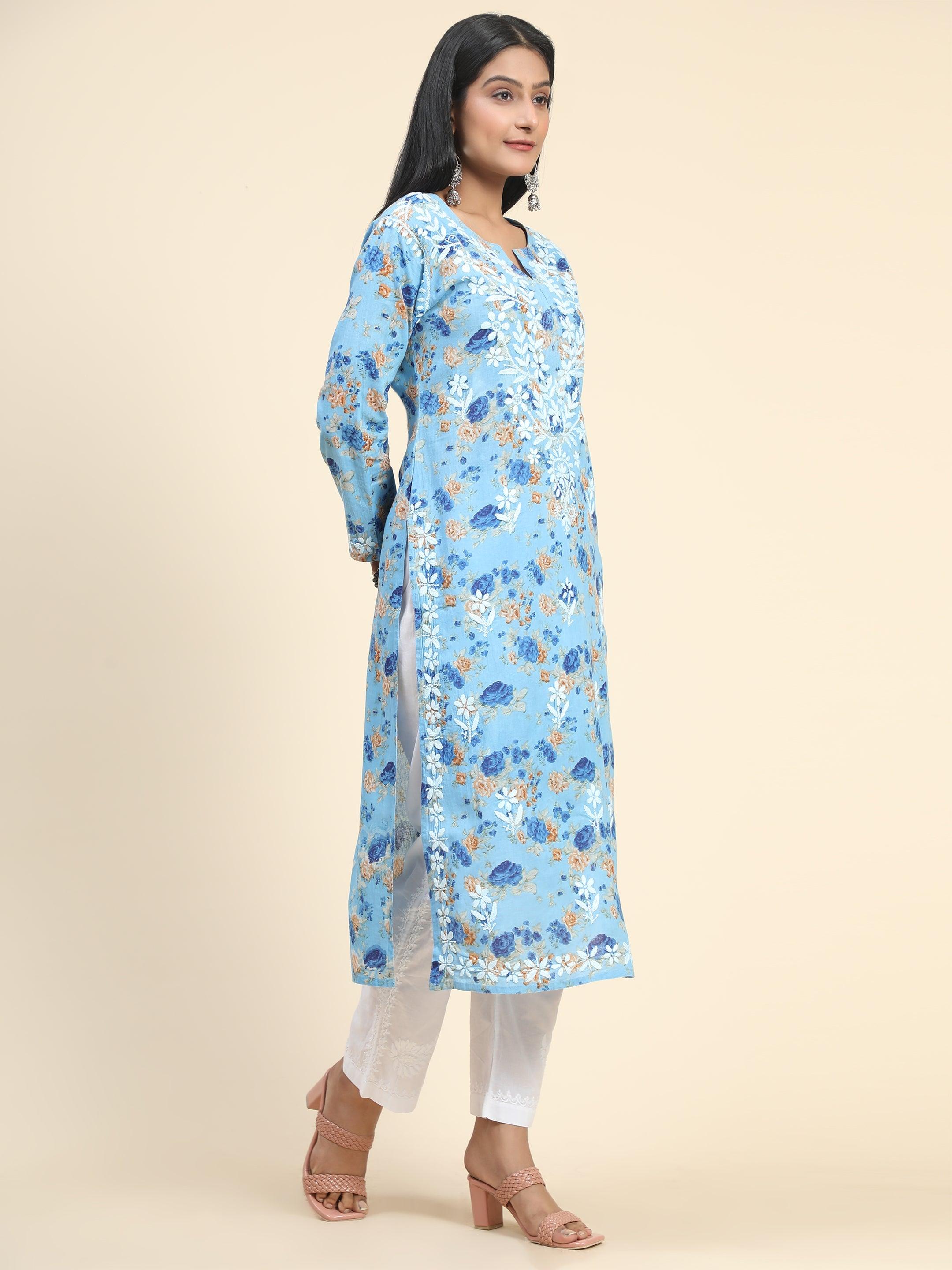 Aruneet in Noor Mul Printed Hand Embroidery Chikankari Kurta- Blue - House Of Kari (Chikankari Clothing)