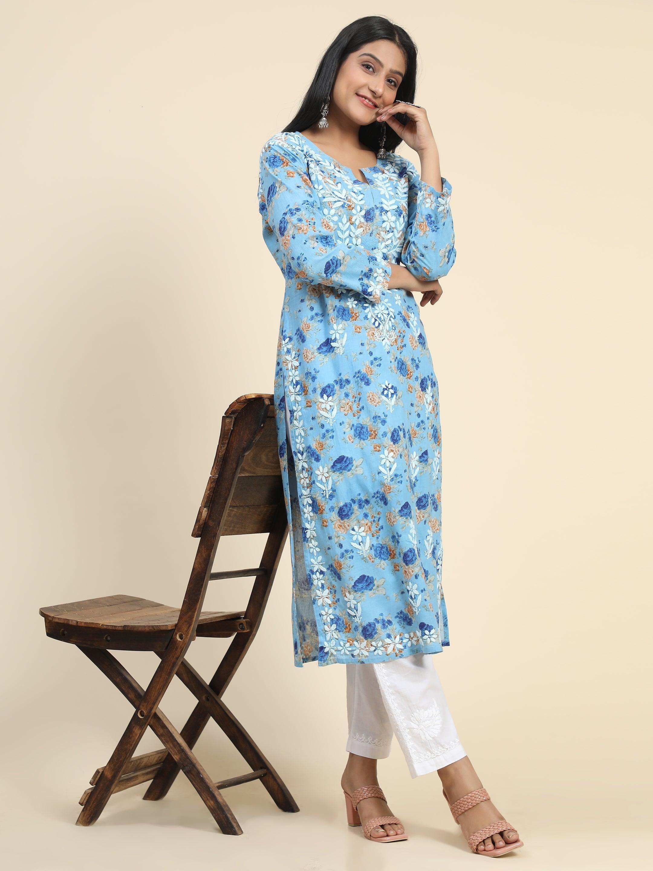 Aruneet in Noor Mul Printed Hand Embroidery Chikankari Kurta- Blue - House Of Kari (Chikankari Clothing)