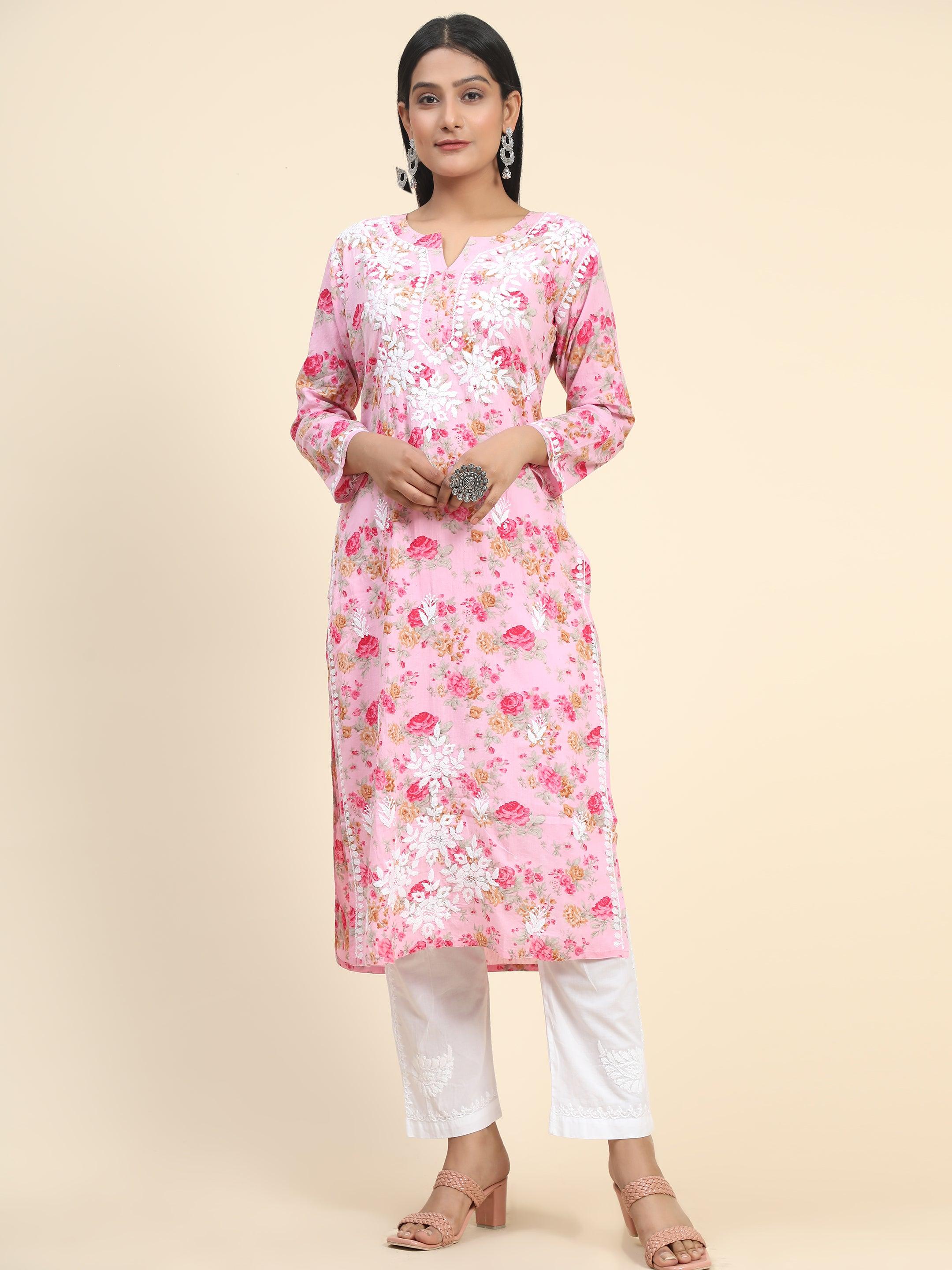 Samma Mul Printed Hand Embroidery Chikankari Kurta- Pink - House Of Kari (Chikankari Clothing)