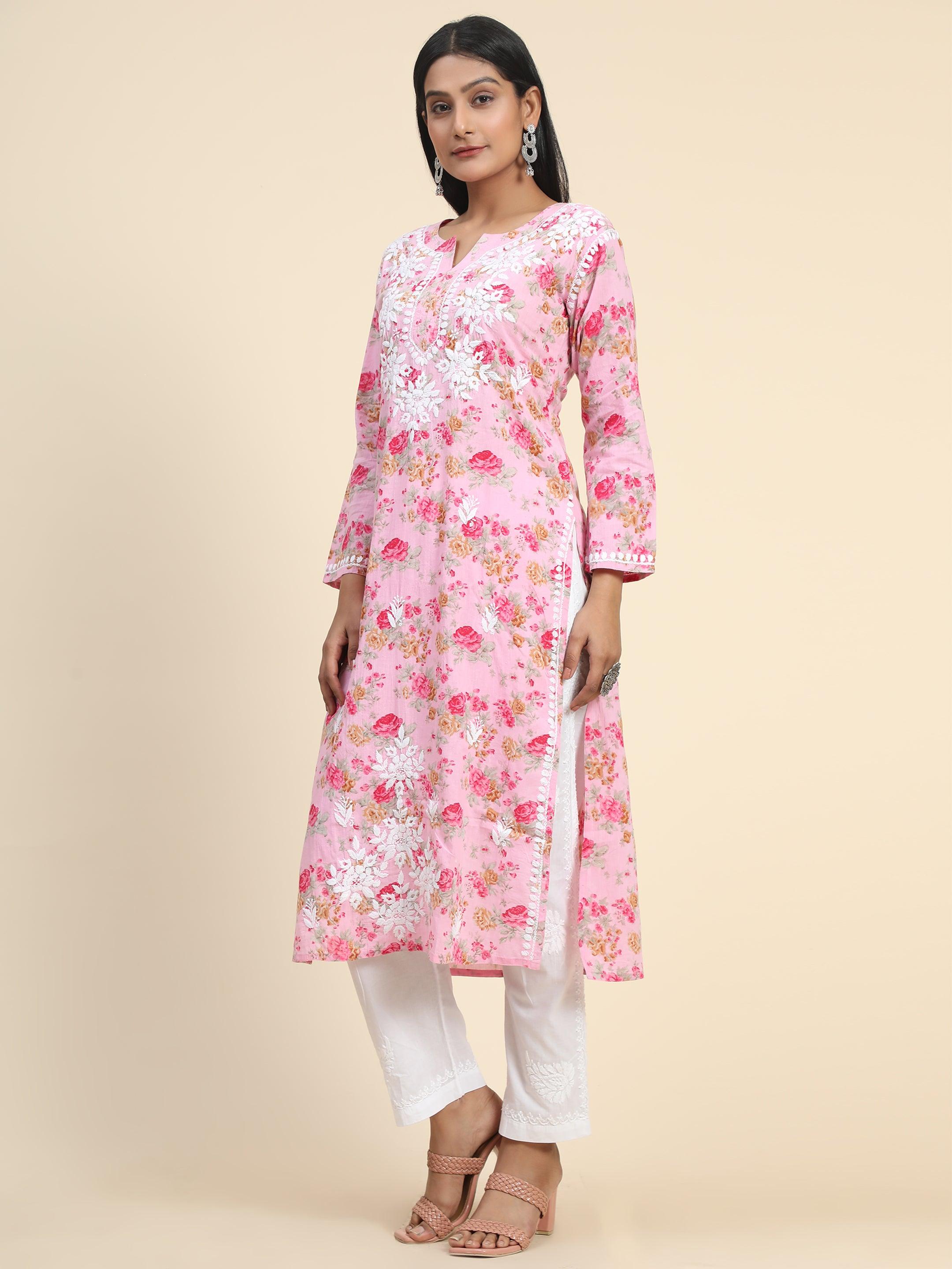 Samma Mul Printed Hand Embroidery Chikankari Kurta- Pink - House Of Kari (Chikankari Clothing)