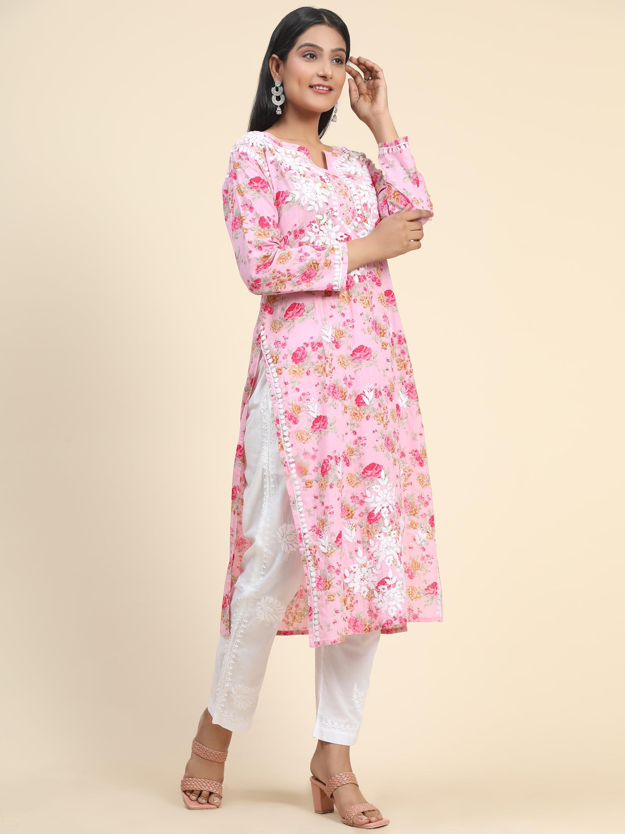 Samma Mul Printed Hand Embroidery Chikankari Kurta- Pink - House Of Kari (Chikankari Clothing)
