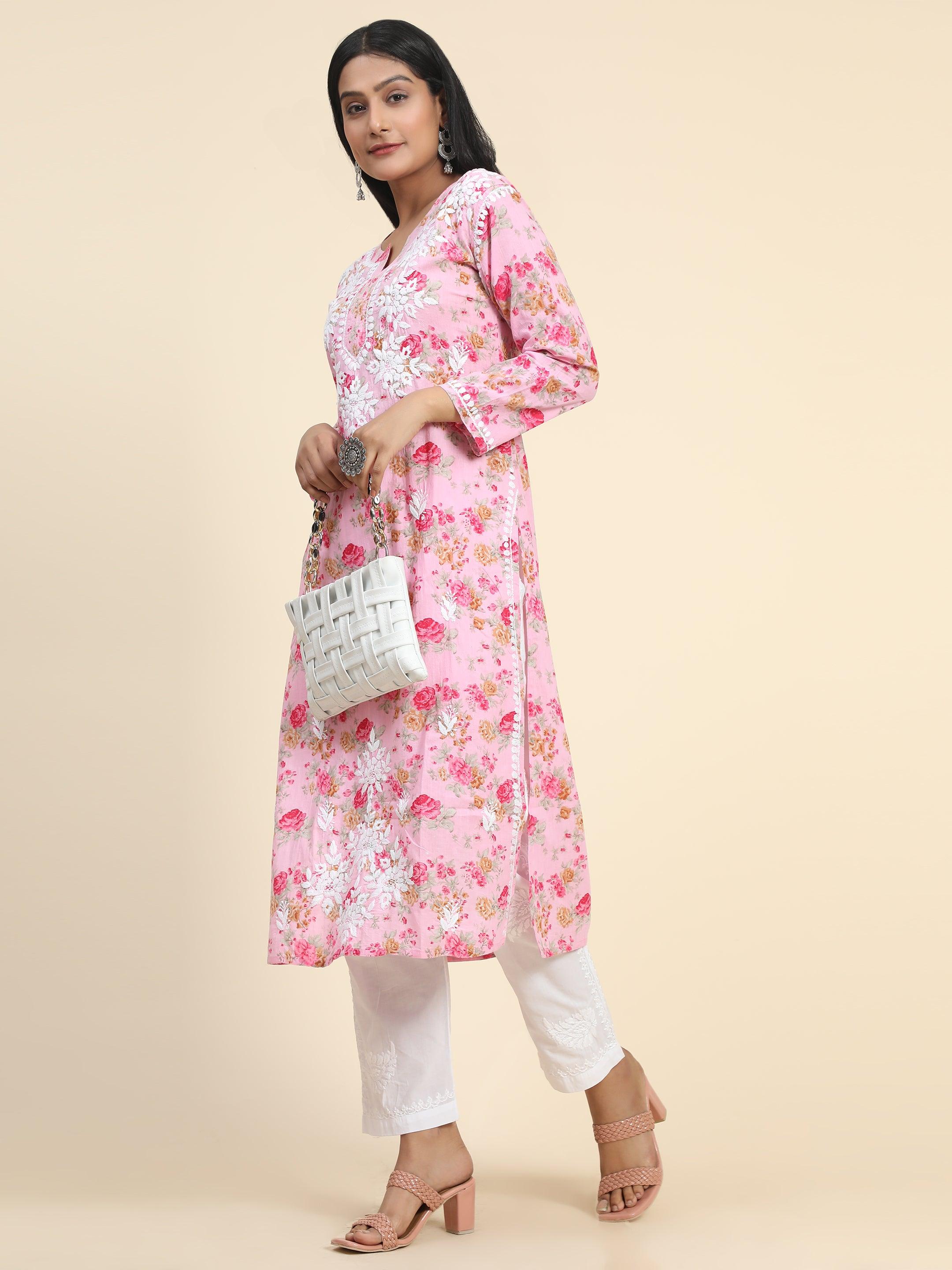 Samma Mul Printed Hand Embroidery Chikankari Kurta- Pink - House Of Kari (Chikankari Clothing)
