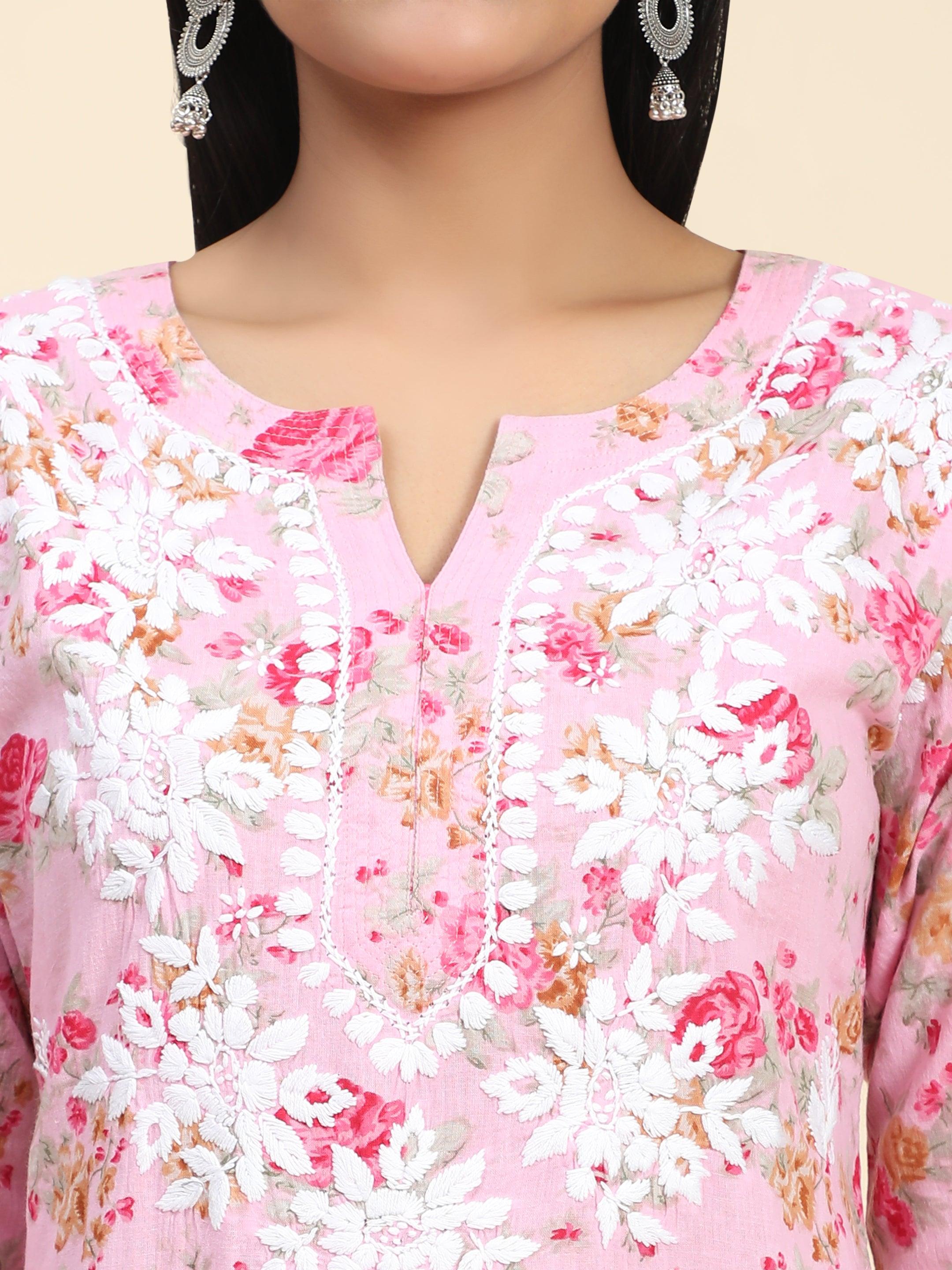 Samma Mul Printed Hand Embroidery Chikankari Kurta- Pink - House Of Kari (Chikankari Clothing)