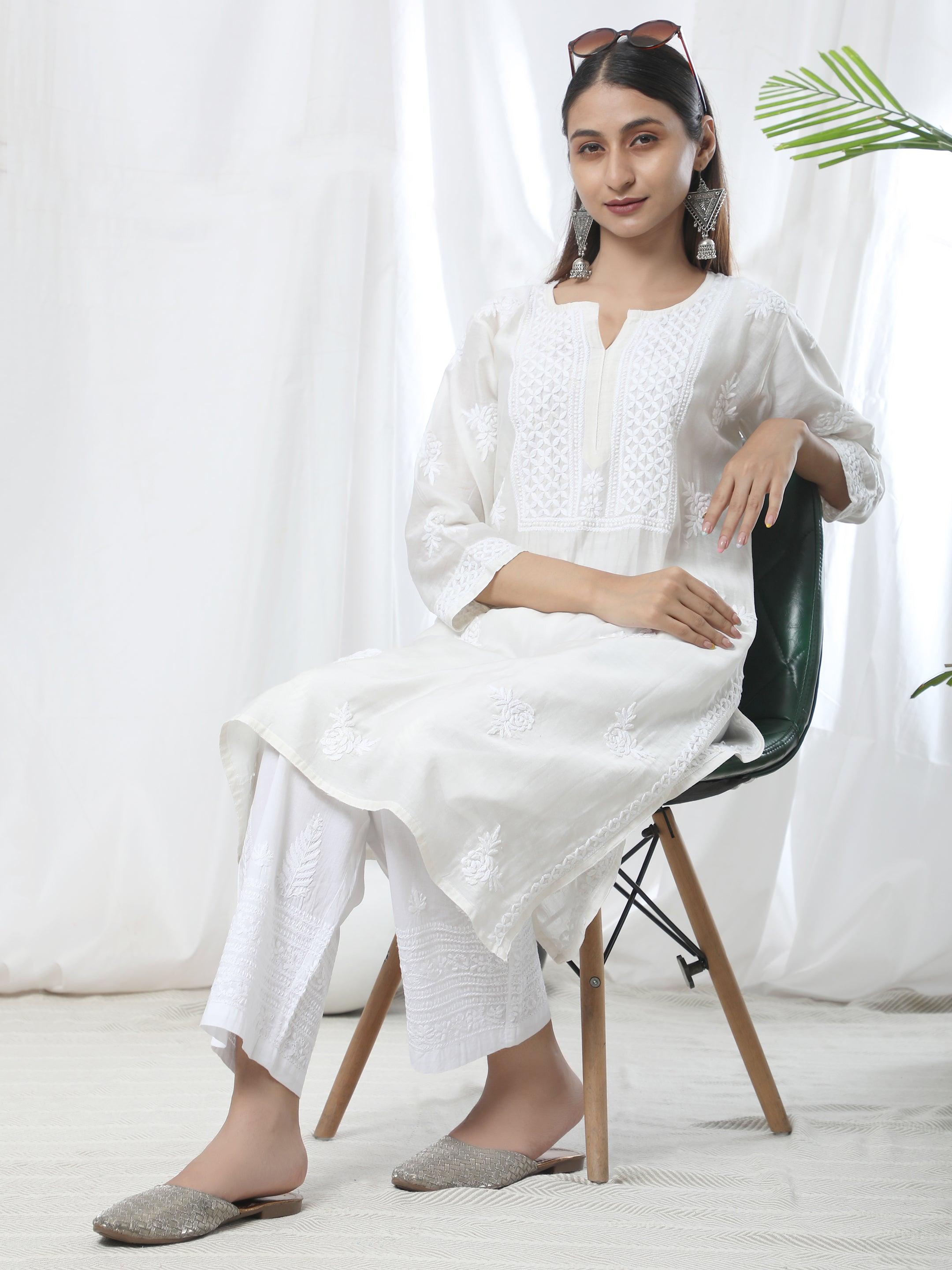 HOK Chikankari Cotton White Pants - House Of Kari (Chikankari Clothing)