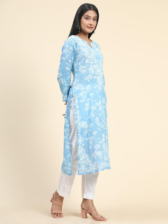 Noor Mul Printed Hand Embroidery Chikankari Kurta- Sky Blue - House Of Kari (Chikankari Clothing)
