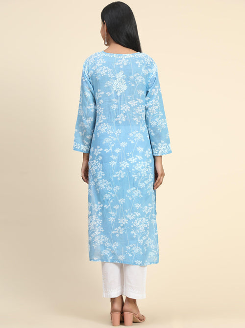 Noor Mul Printed Hand Embroidery Chikankari Kurta- Sky Blue - House Of Kari (Chikankari Clothing)
