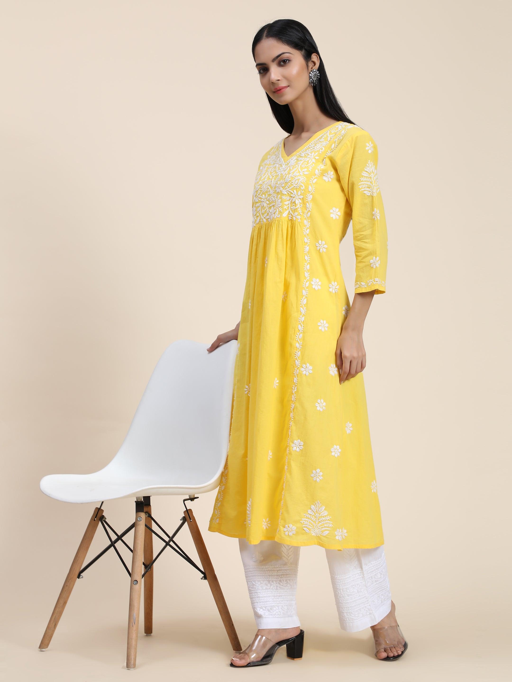 Hand embroidery Chikankari V Neck Anarkali Dress | Long Kurti in Cotton For Women - House Of Kari (Chikankari Clothing)