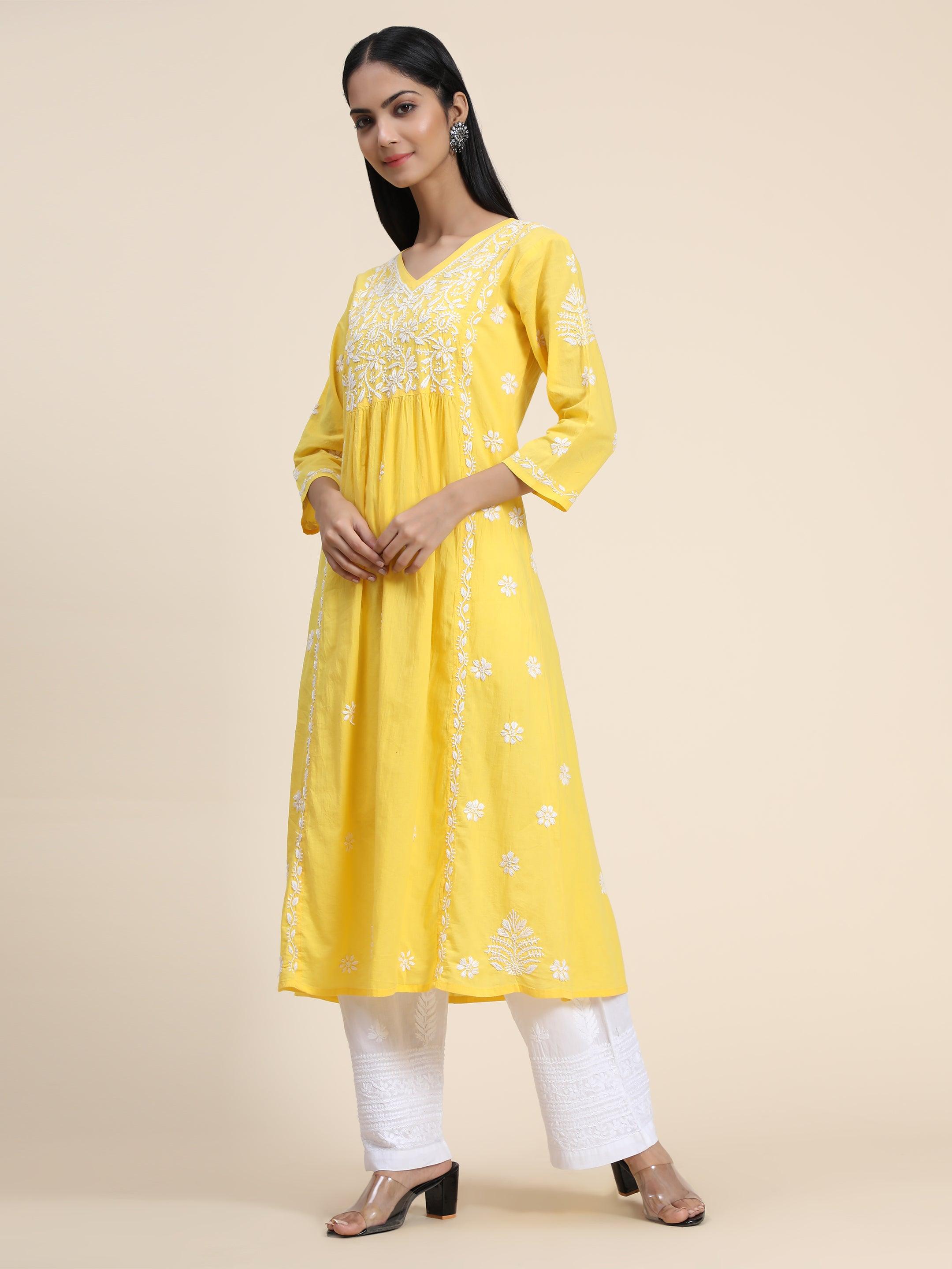 Hand embroidery Chikankari V Neck Anarkali Dress | Long Kurti in Cotton For Women - House Of Kari (Chikankari Clothing)