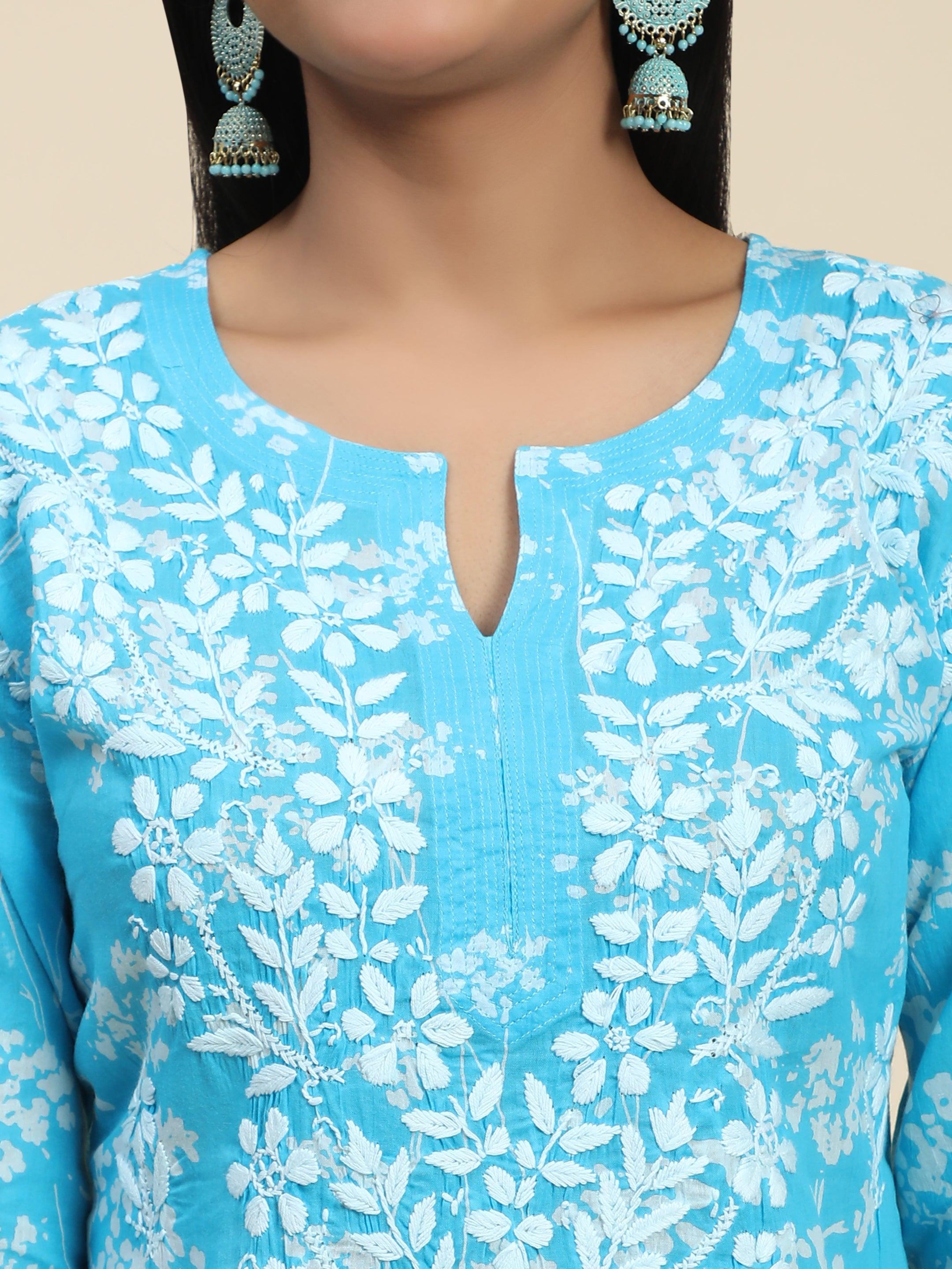 Samma Mul Printed Hand Embroidery Chikankari Kurta- Light Blue - House Of Kari (Chikankari Clothing)