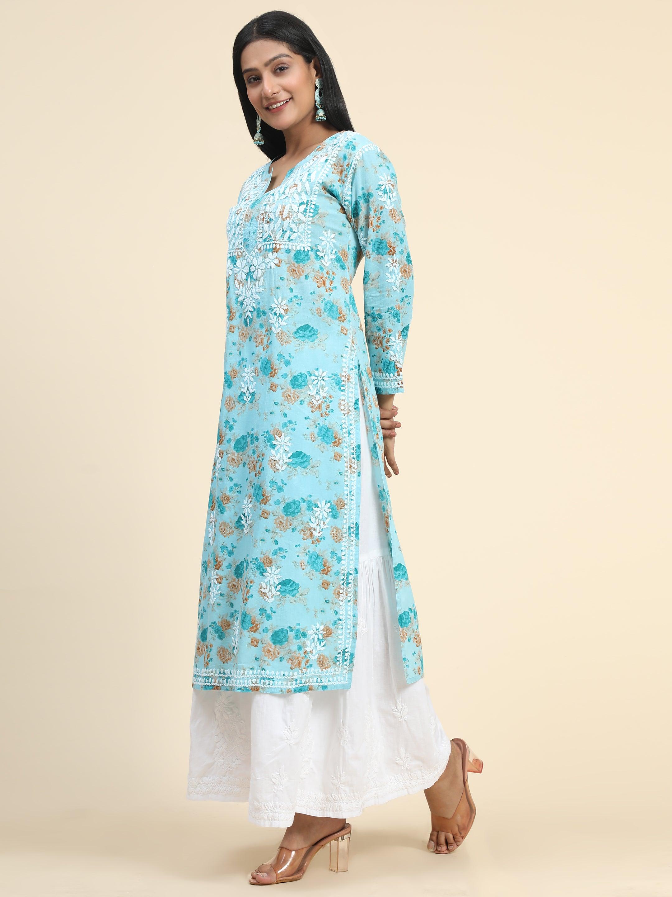 Samma Mul Printed Hand Embroidery Chikankari Kurta- Turquoise Blue - House Of Kari (Chikankari Clothing)
