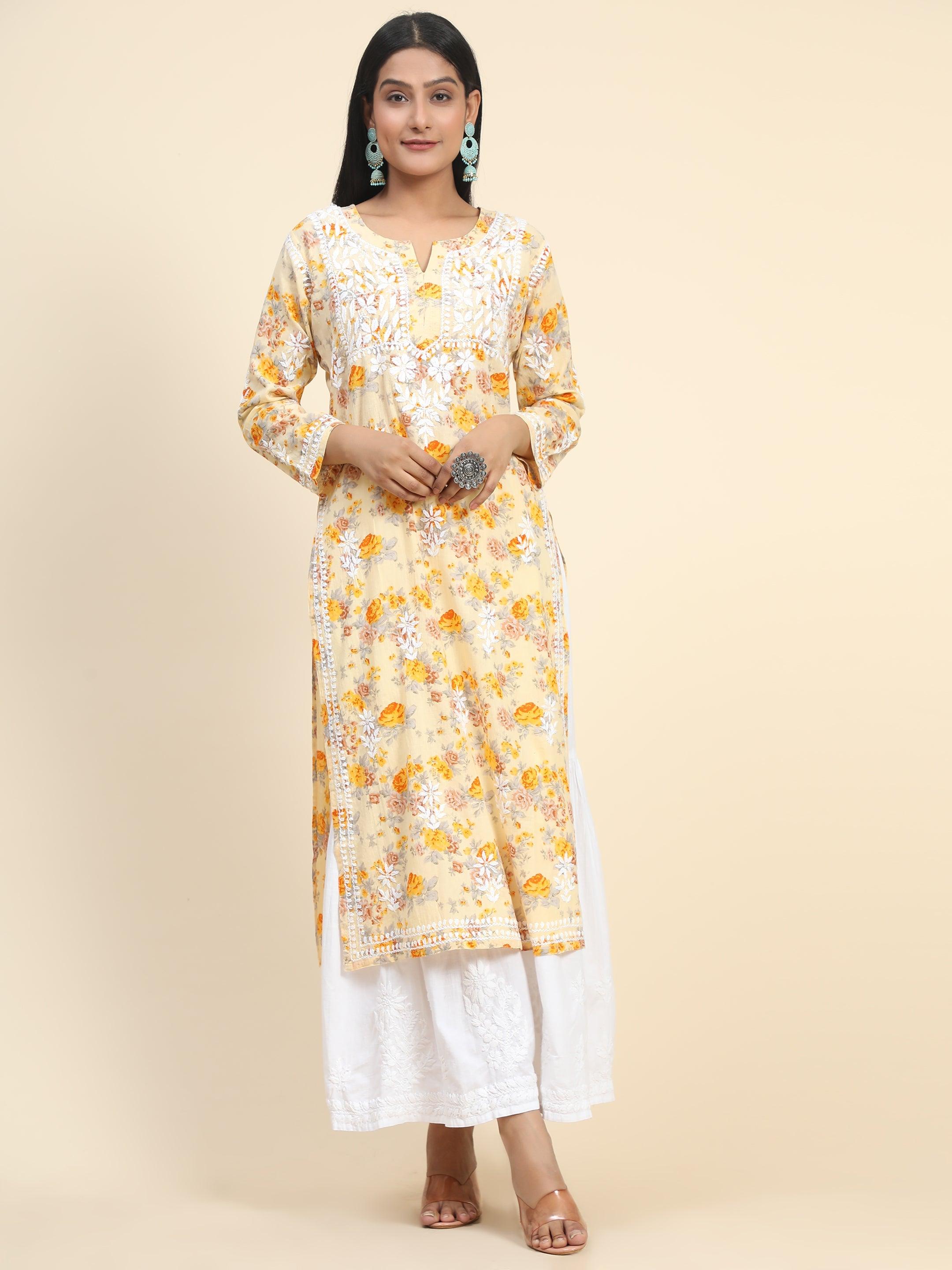 Shivani in Noor Mul Printed Hand Embroidery Chikankari Kurta- Yellow - House Of Kari (Chikankari Clothing)