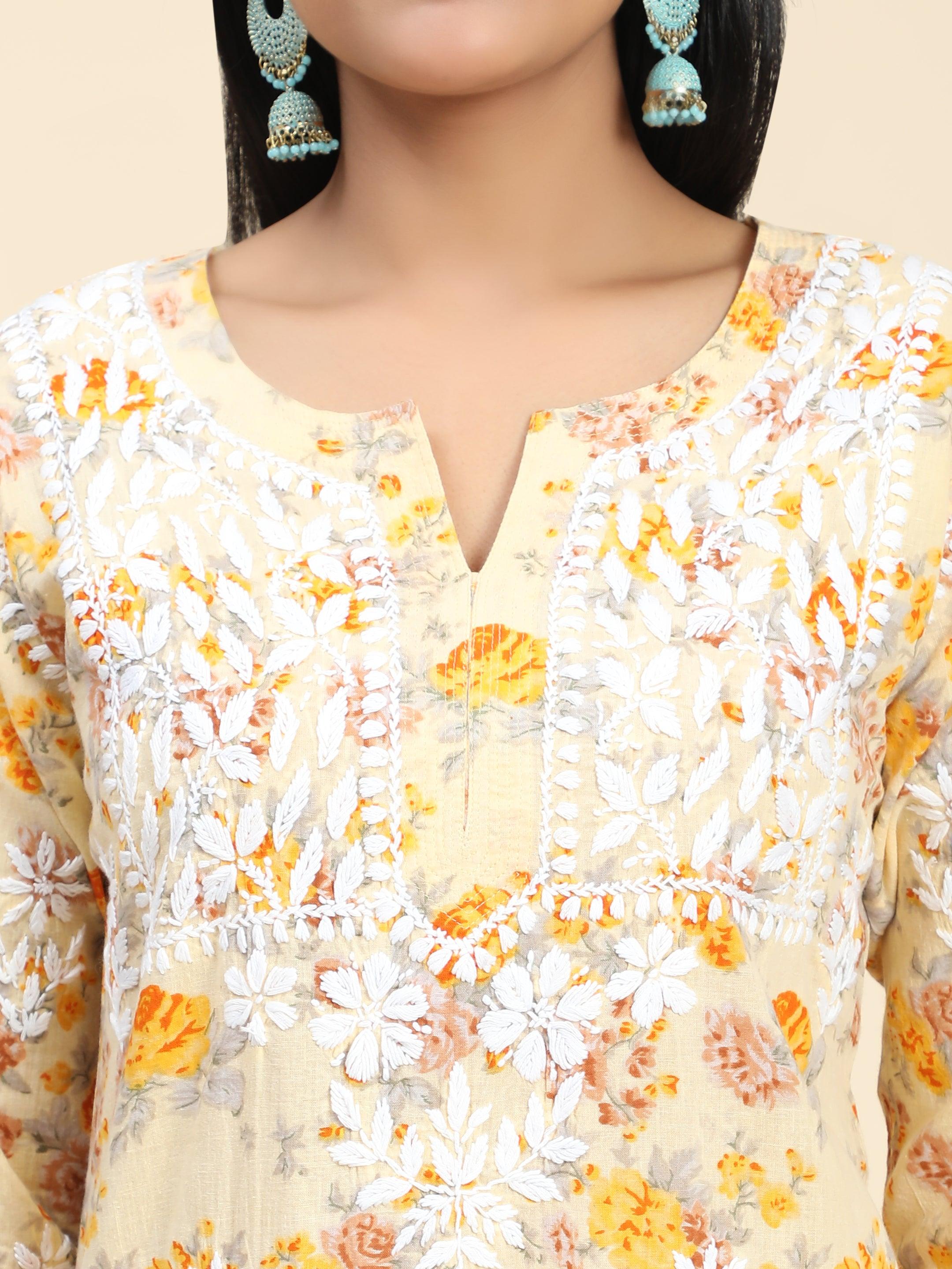 Samma Mul Printed Hand Embroidery Chikankari Kurta- Yellow - House Of Kari (Chikankari Clothing)