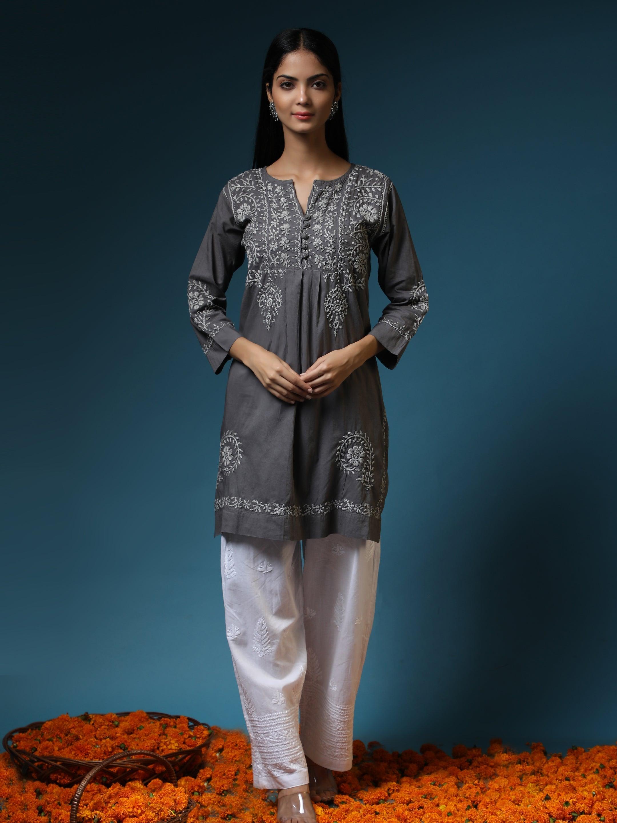HOK Chikankari Short Tunic for Women -Grey - House Of Kari (Chikankari Clothing)
