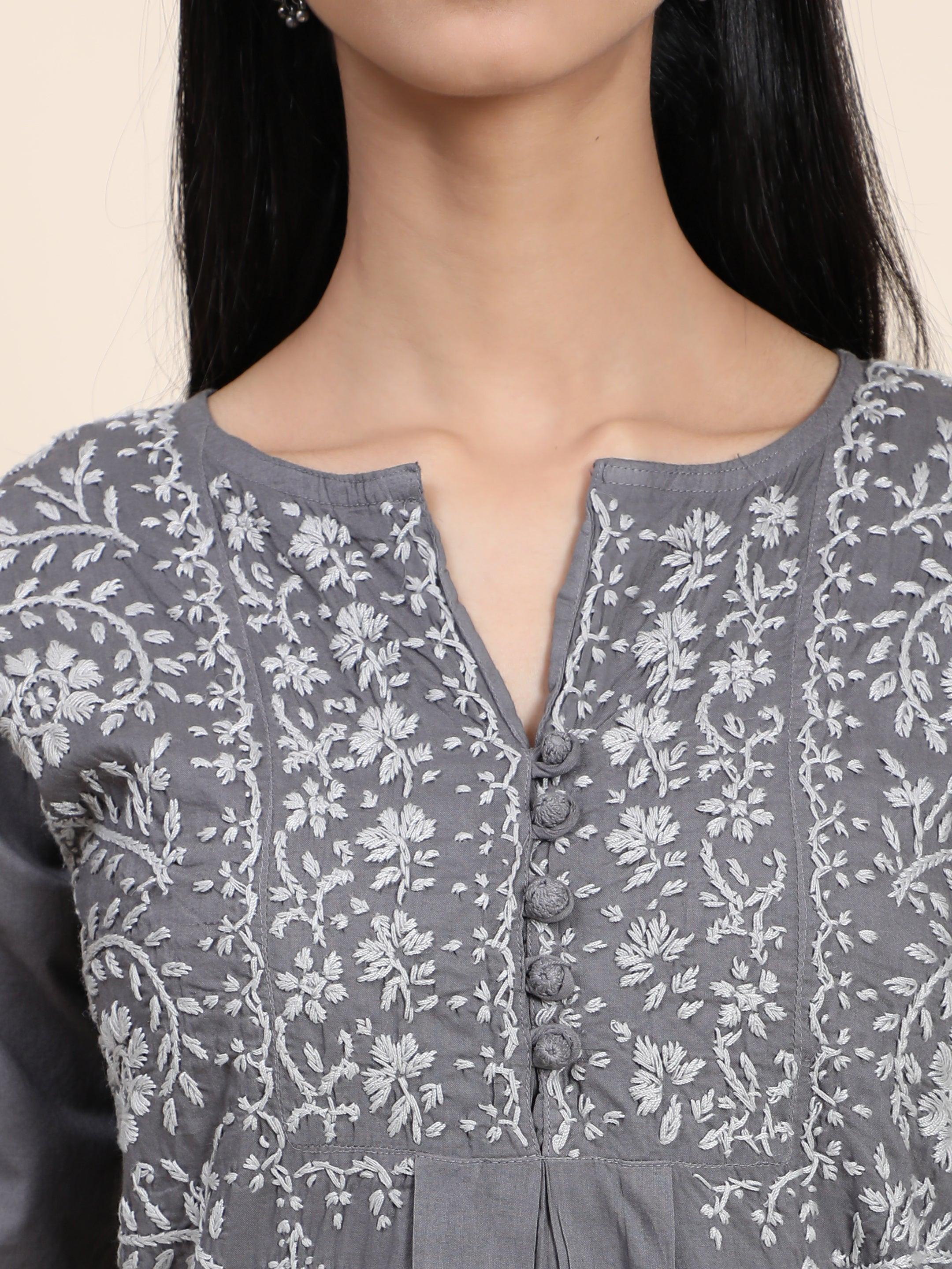 HOK Chikankari Short Tunic for Women -Grey - House Of Kari (Chikankari Clothing)