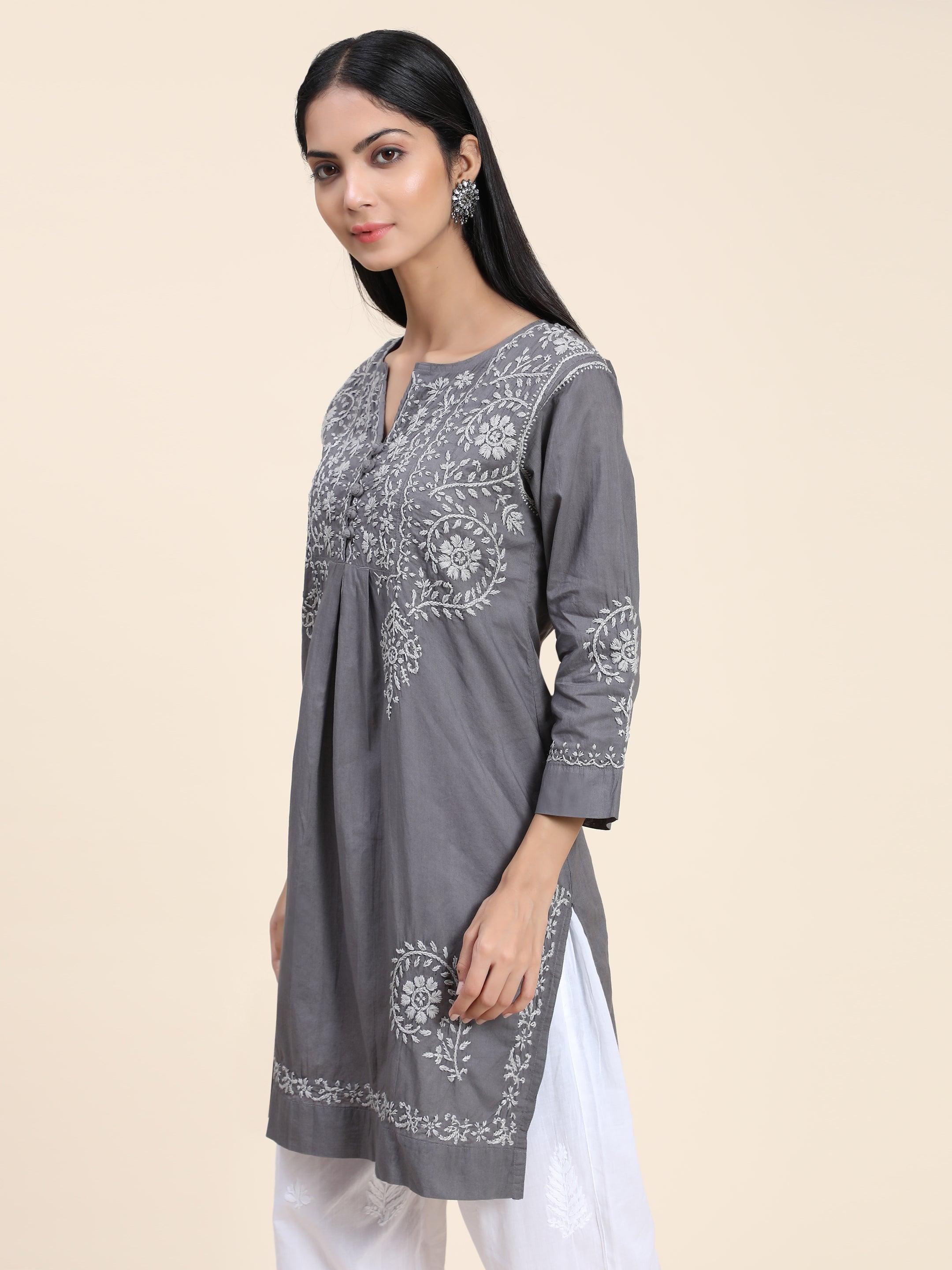 HOK Chikankari Short Tunic for Women -Grey - House Of Kari (Chikankari Clothing)