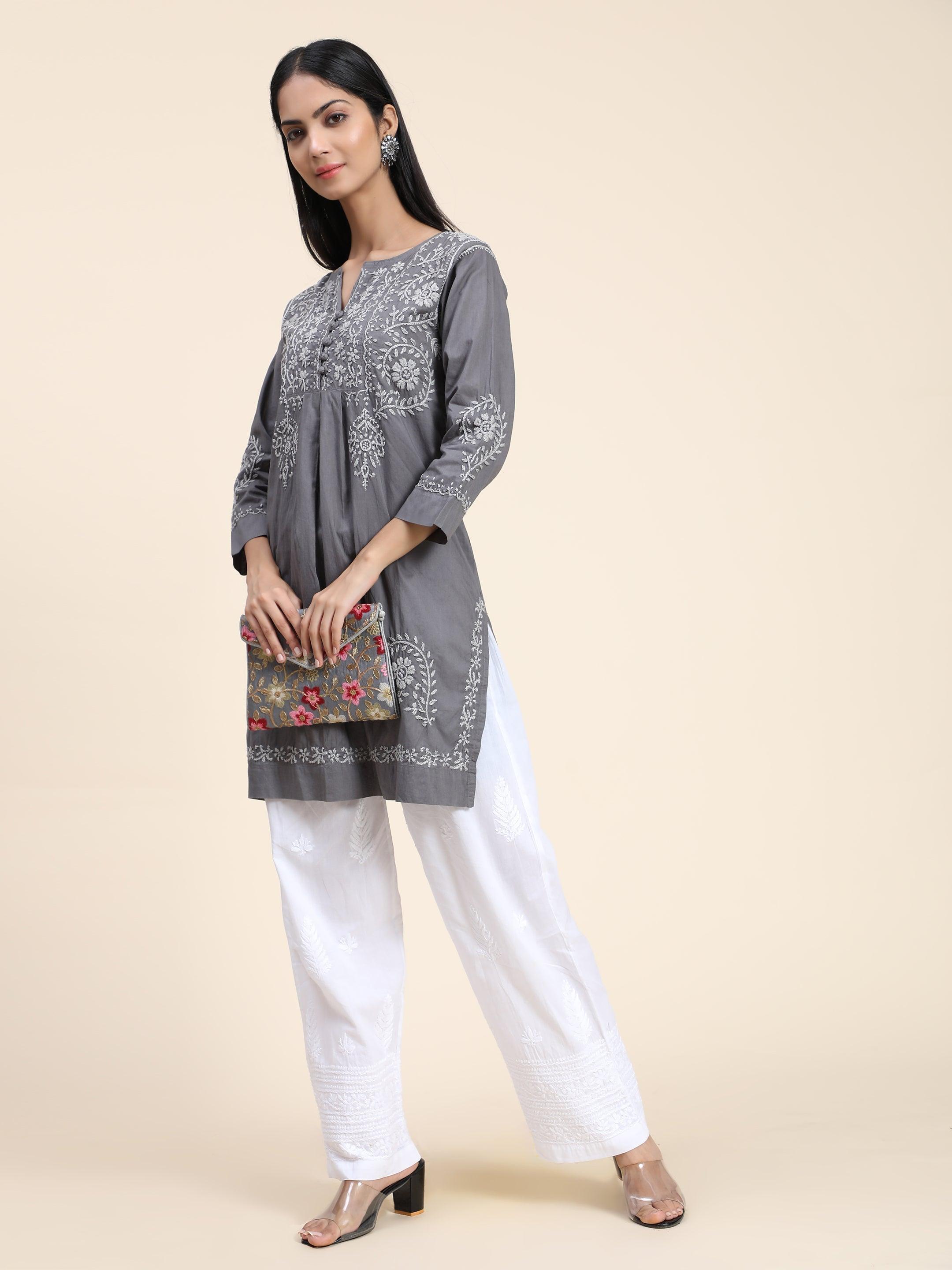 HOK Chikankari Short Tunic for Women -Grey - House Of Kari (Chikankari Clothing)