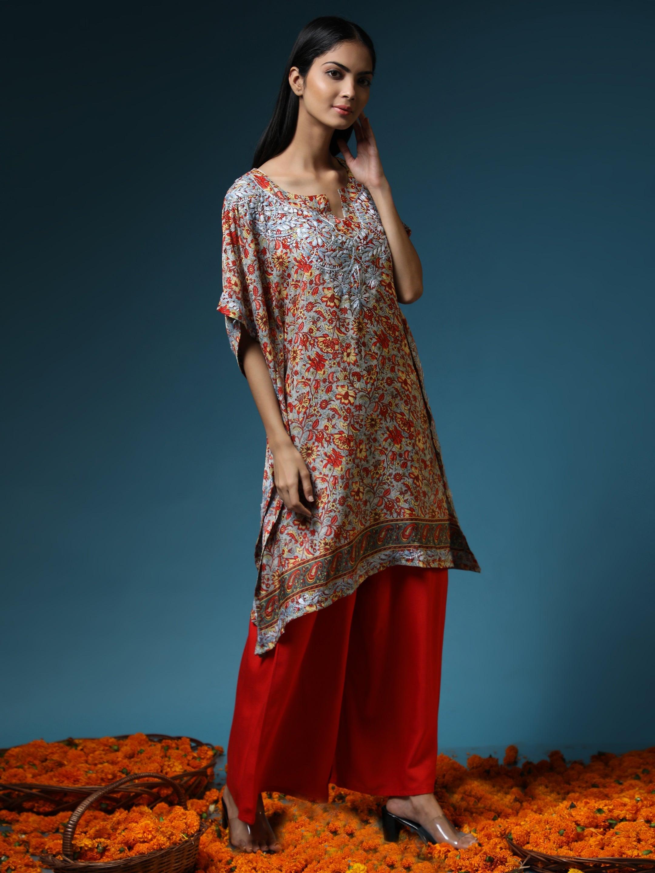 Premium Hand Embroidery Chikankari PolySilk Kaftan Topwear for Women Black With Orange - House Of Kari (Chikankari Clothing)