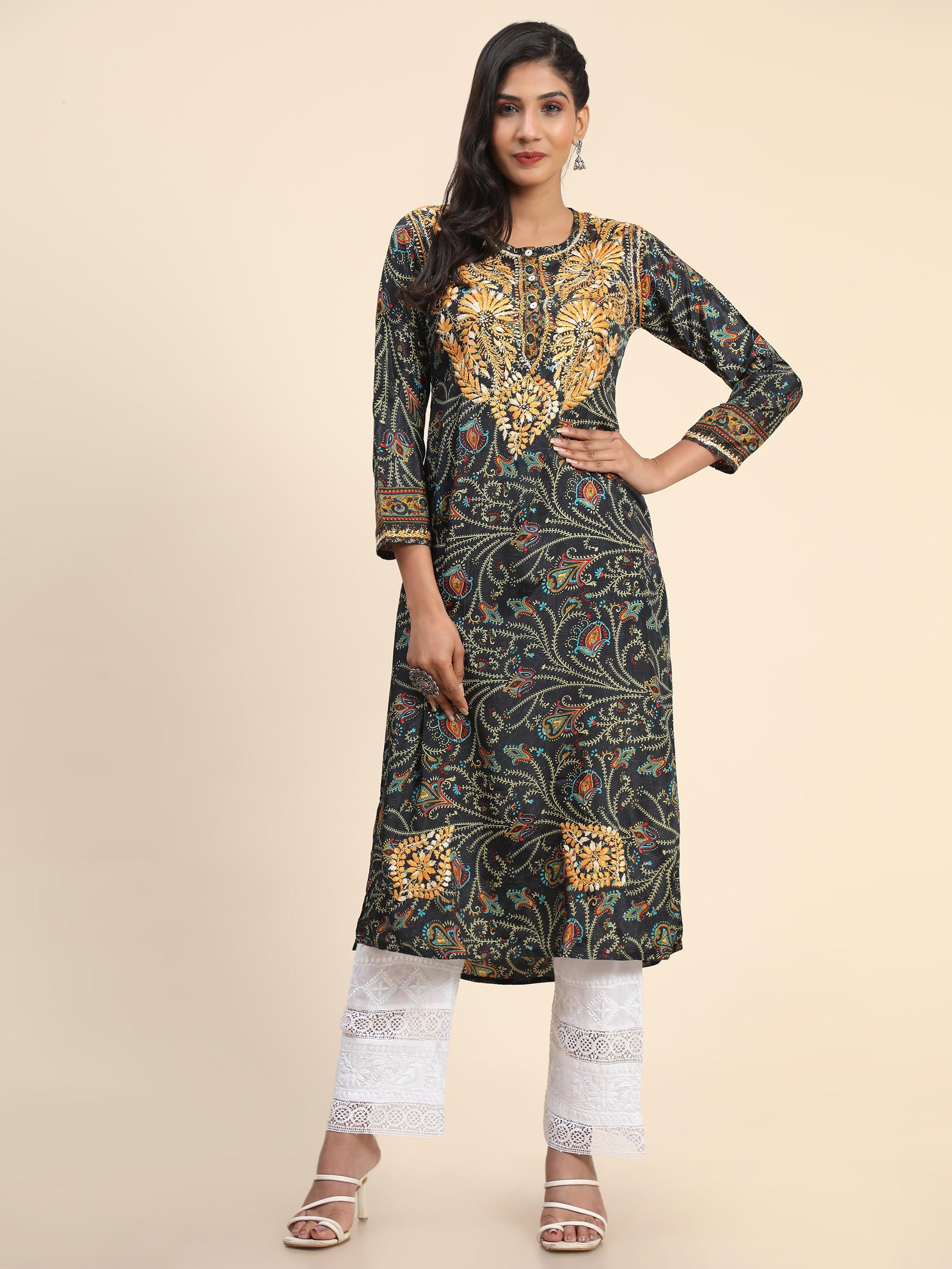 Noor Premium Printed PolySilk Chikankari Long Kurta for Women -Dark Floral Print - House Of Kari (Chikankari Clothing)