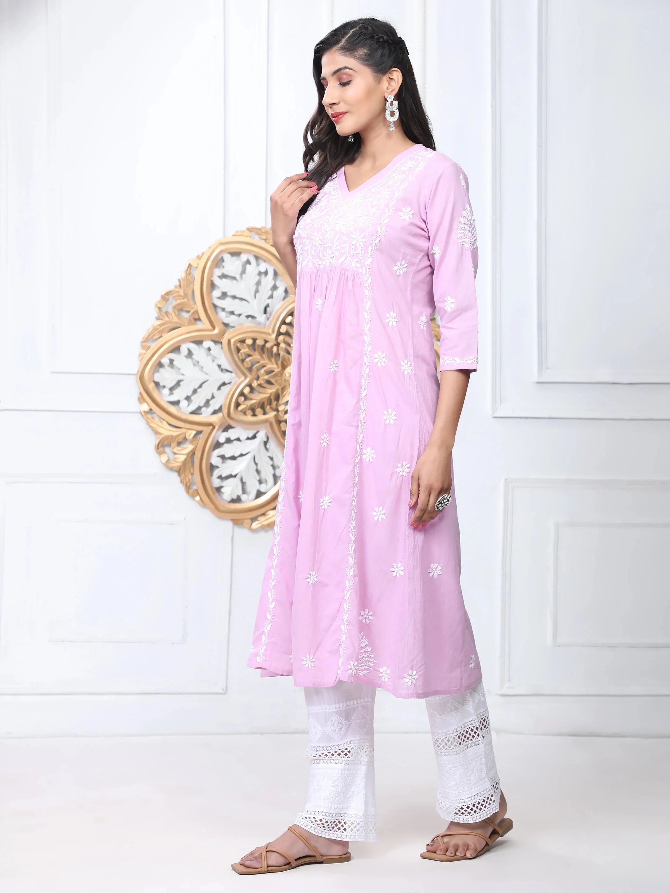 Noor Hand Embroidered Chikankari Long A-Line Kurti for Women- Lavender - House Of Kari (Chikankari Clothing)