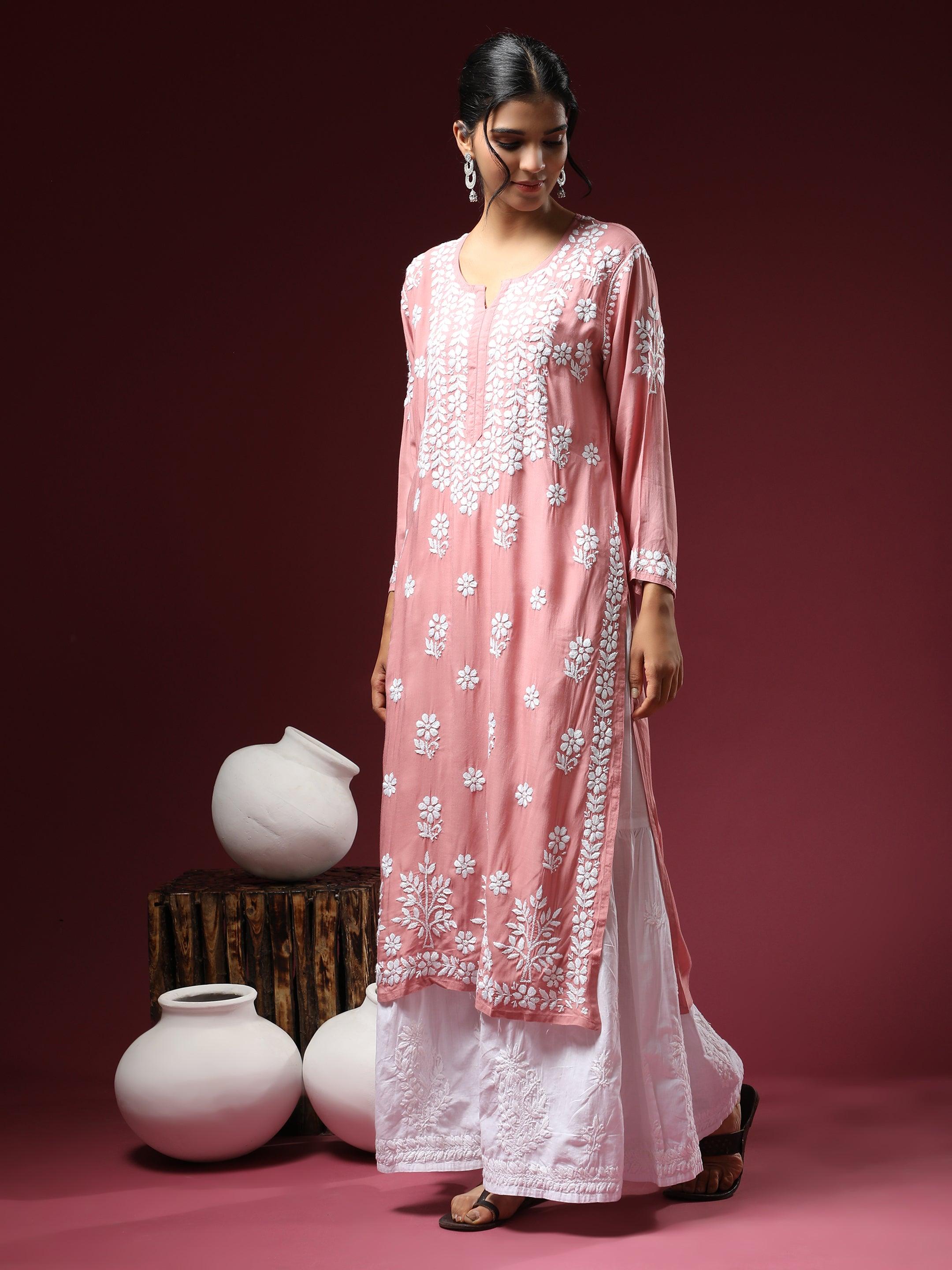 Samma Hand Embroidery Chikankari Kurta in Modal Cotton- Pink - House Of Kari (Chikankari Clothing)