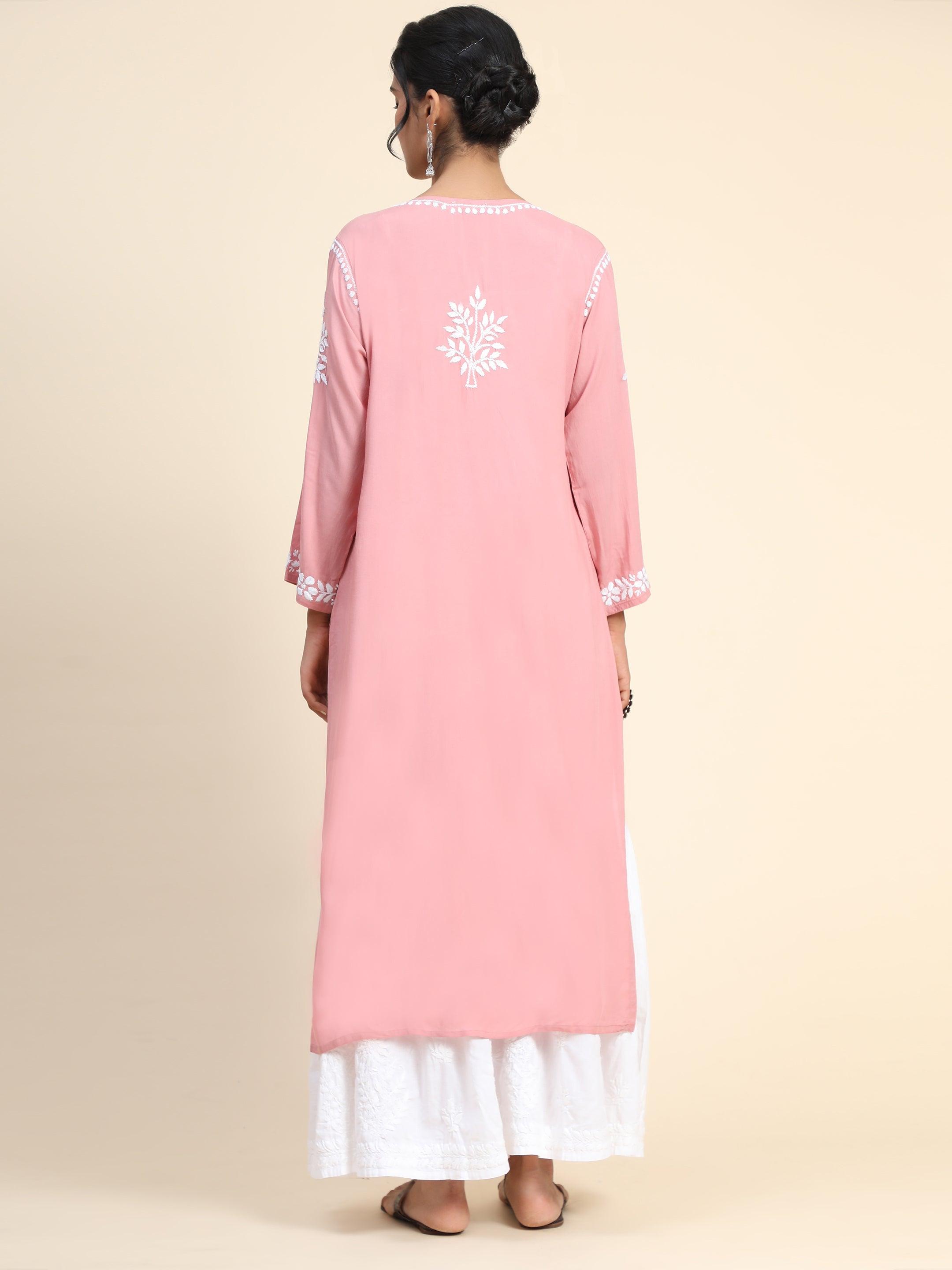 Samma Hand Embroidery Chikankari Kurta in Modal Cotton- Pink - House Of Kari (Chikankari Clothing)