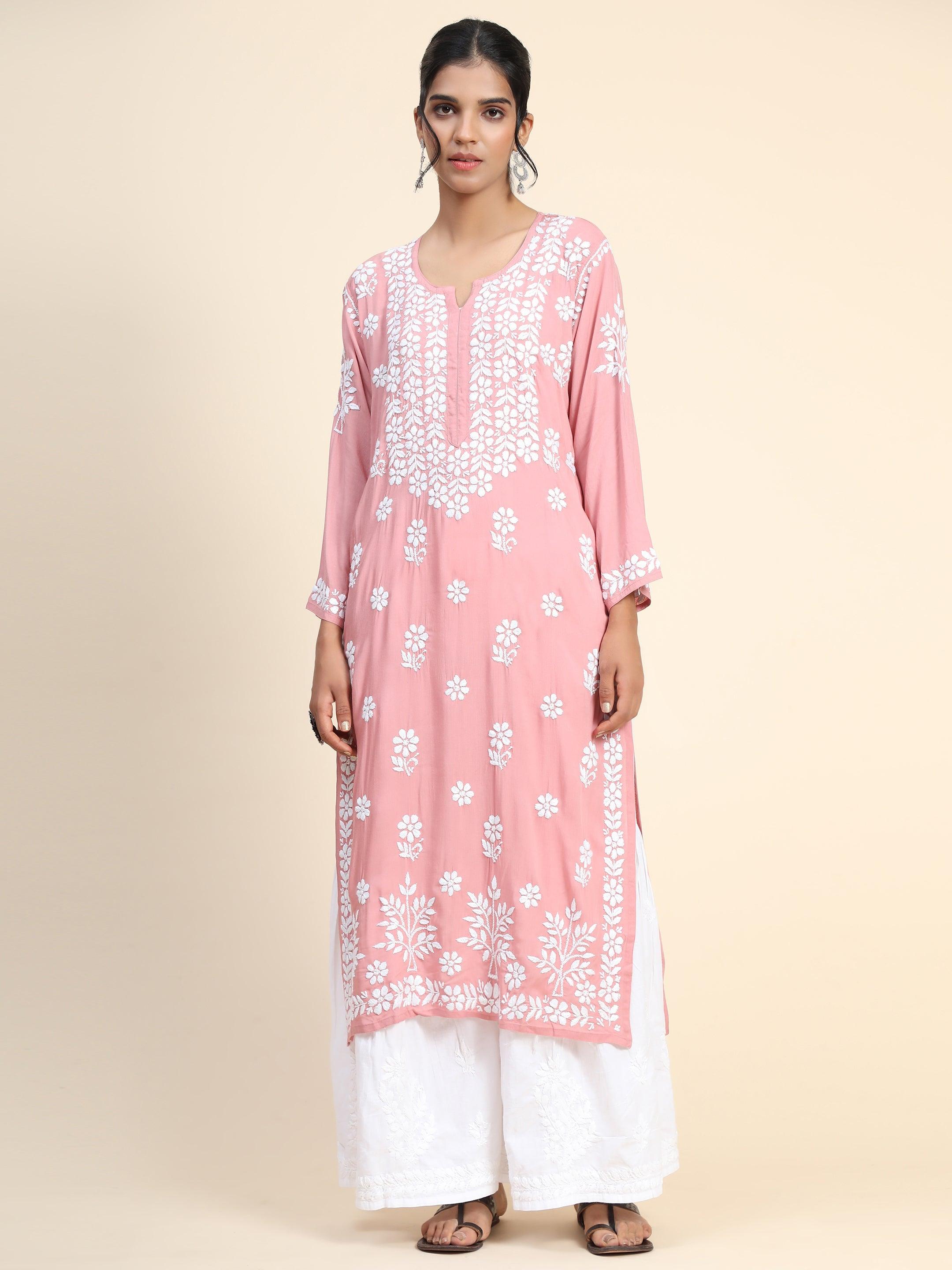 Samma Hand Embroidery Chikankari Kurta in Modal Cotton- Pink - House Of Kari (Chikankari Clothing)