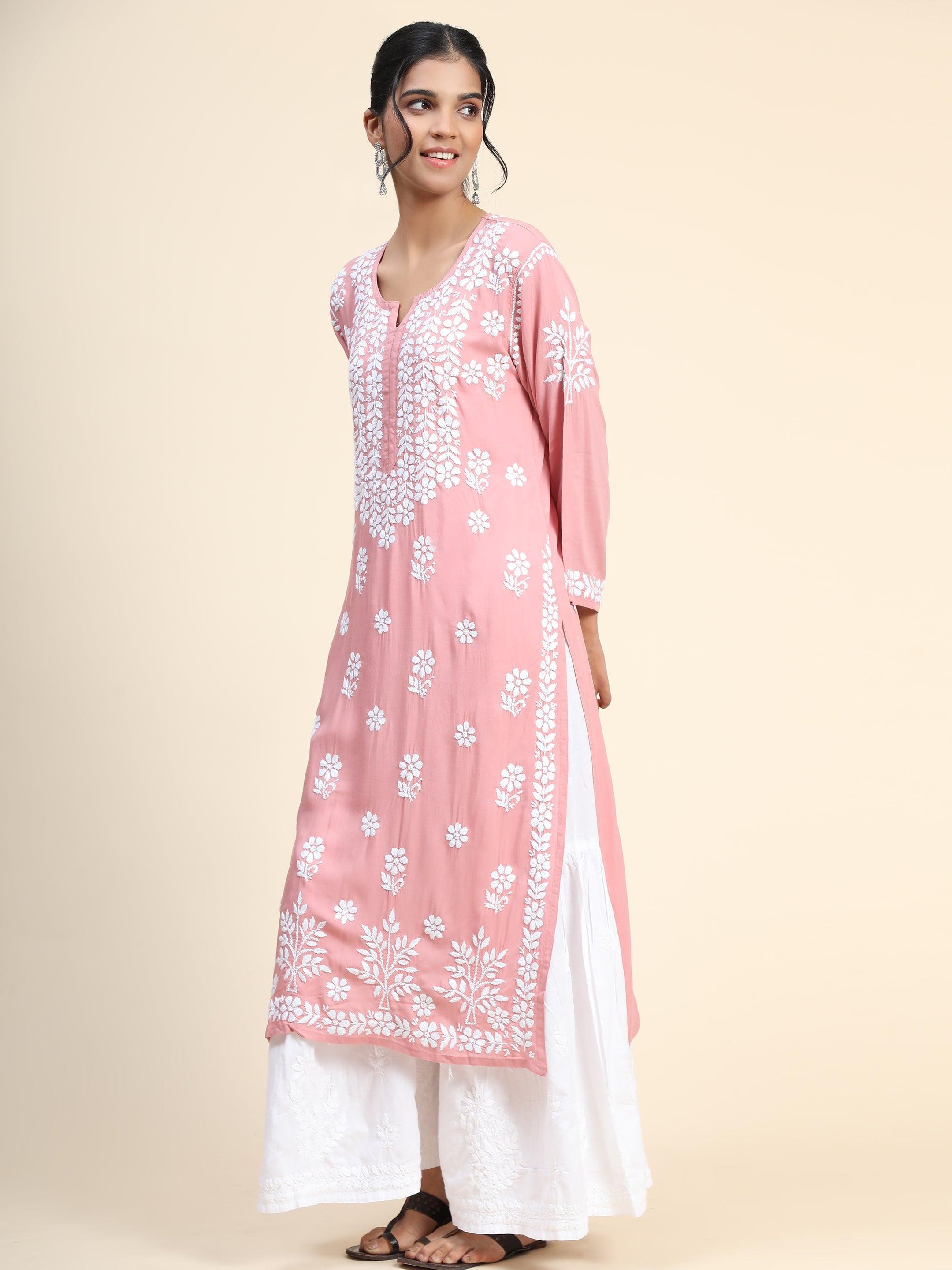 Samma Hand Embroidery Chikankari Kurta in Modal Cotton- Pink - House Of Kari (Chikankari Clothing)