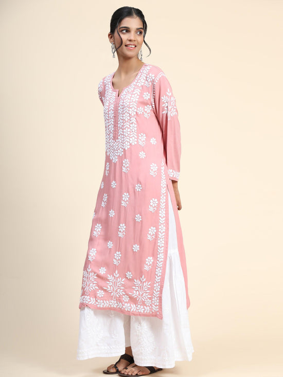 Arti Chauhan in Premium Hand Embroidery Chikankari Kurta Modal Cotton- Pink - House Of Kari (Chikankari Clothing)