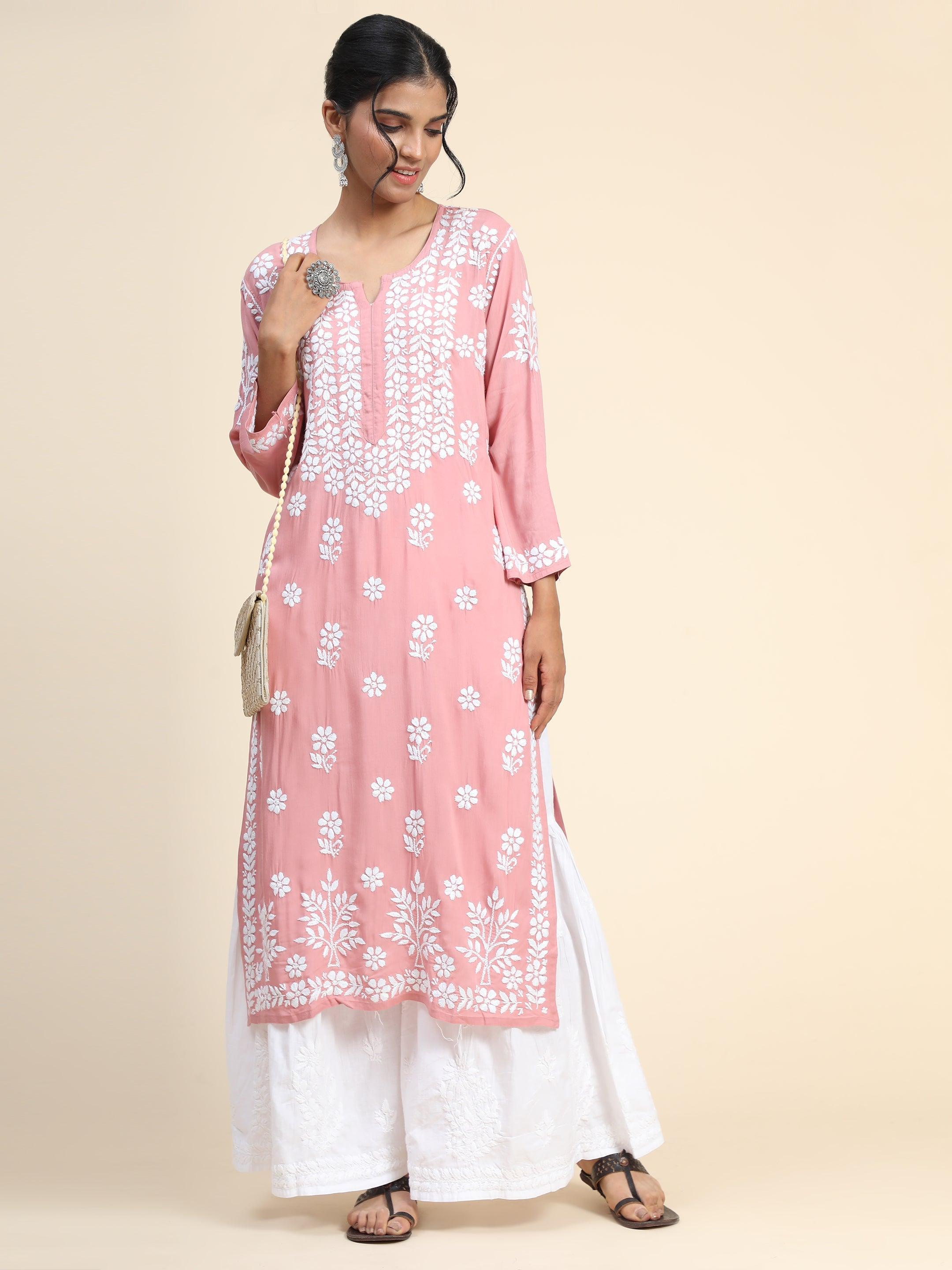 Samma Hand Embroidery Chikankari Kurta in Modal Cotton- Pink - House Of Kari (Chikankari Clothing)