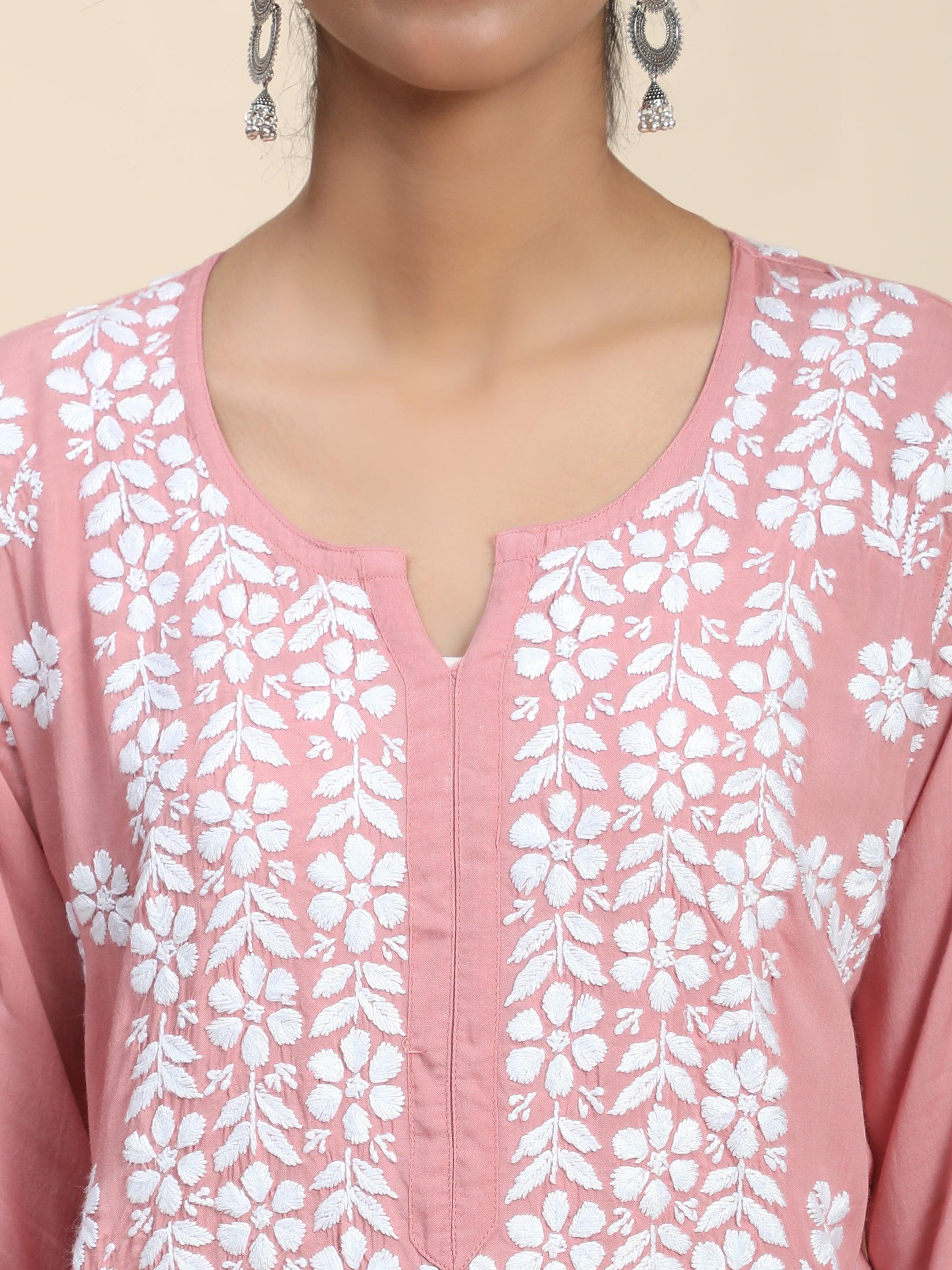 Samma Hand Embroidery Chikankari Kurta in Modal Cotton- Pink - House Of Kari (Chikankari Clothing)