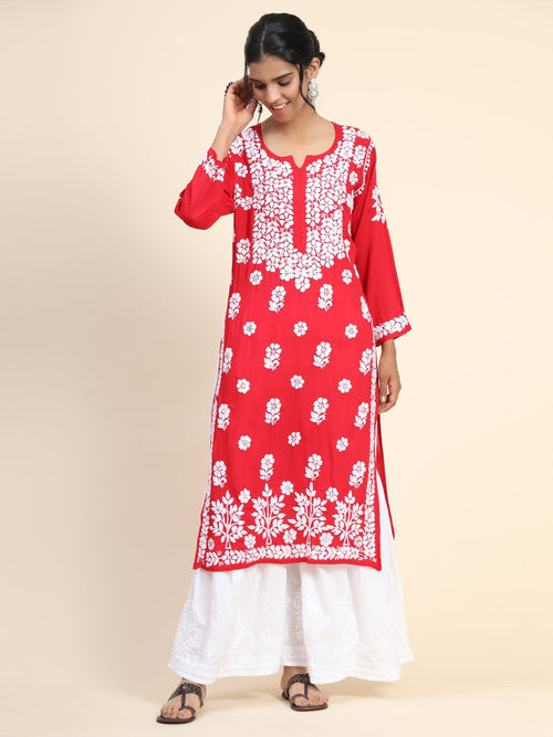 Miesha Iyer in Premium Hand Embroidery Chikankari Kurta Modal Cotton- Red - House Of Kari (Chikankari Clothing)