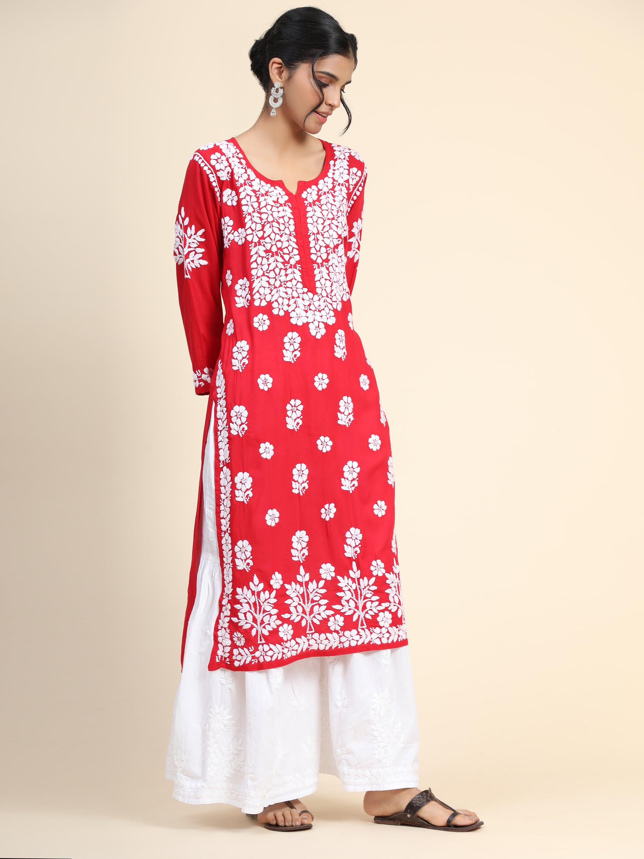 Samma Premium Hand Embroidery Chikankari Kurta in Modal Cotton- Red - House Of Kari (Chikankari Clothing)