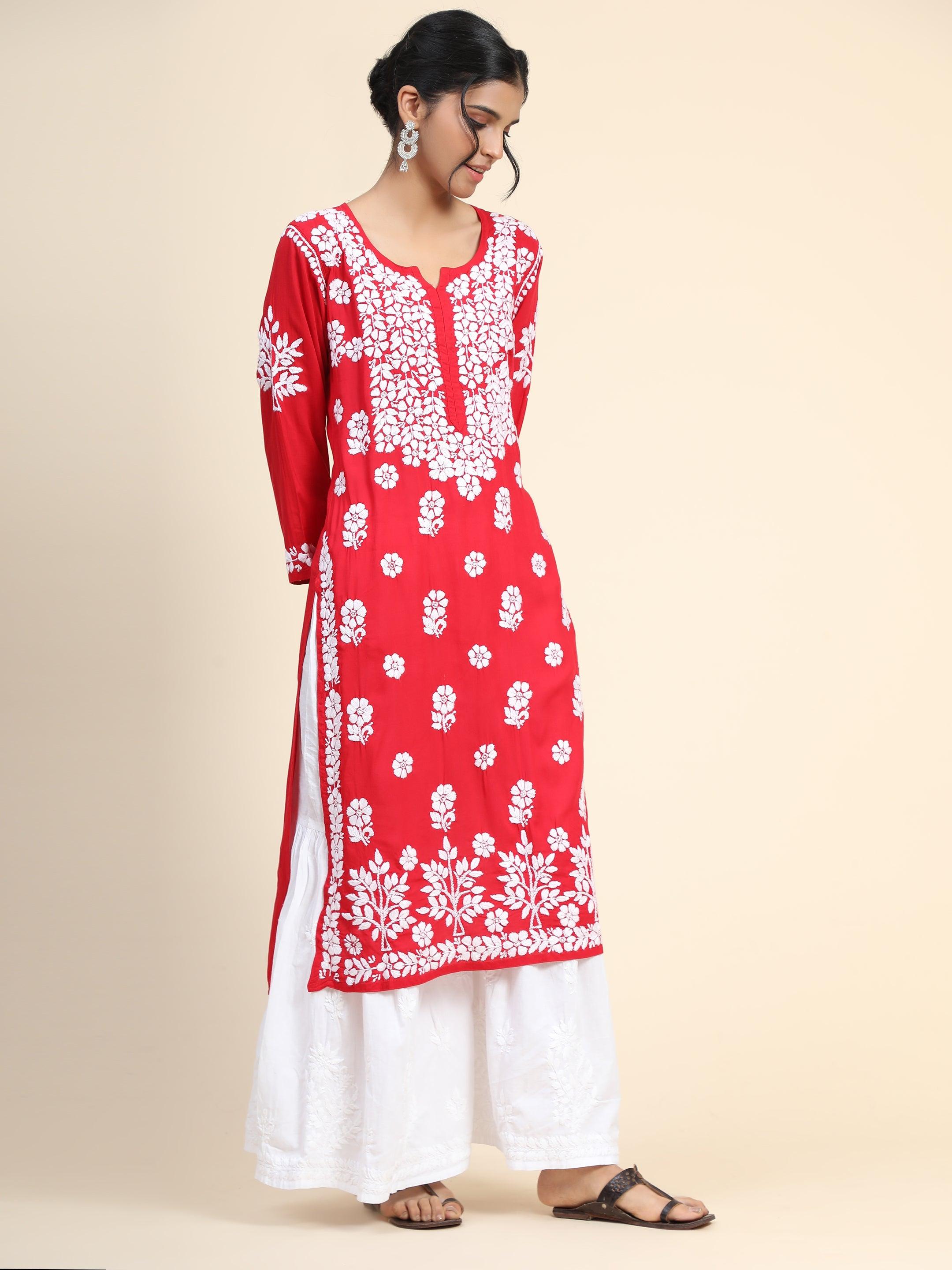 Miesha Iyer in Premium Hand Embroidery Chikankari Kurta Modal Cotton- Red - House Of Kari (Chikankari Clothing)