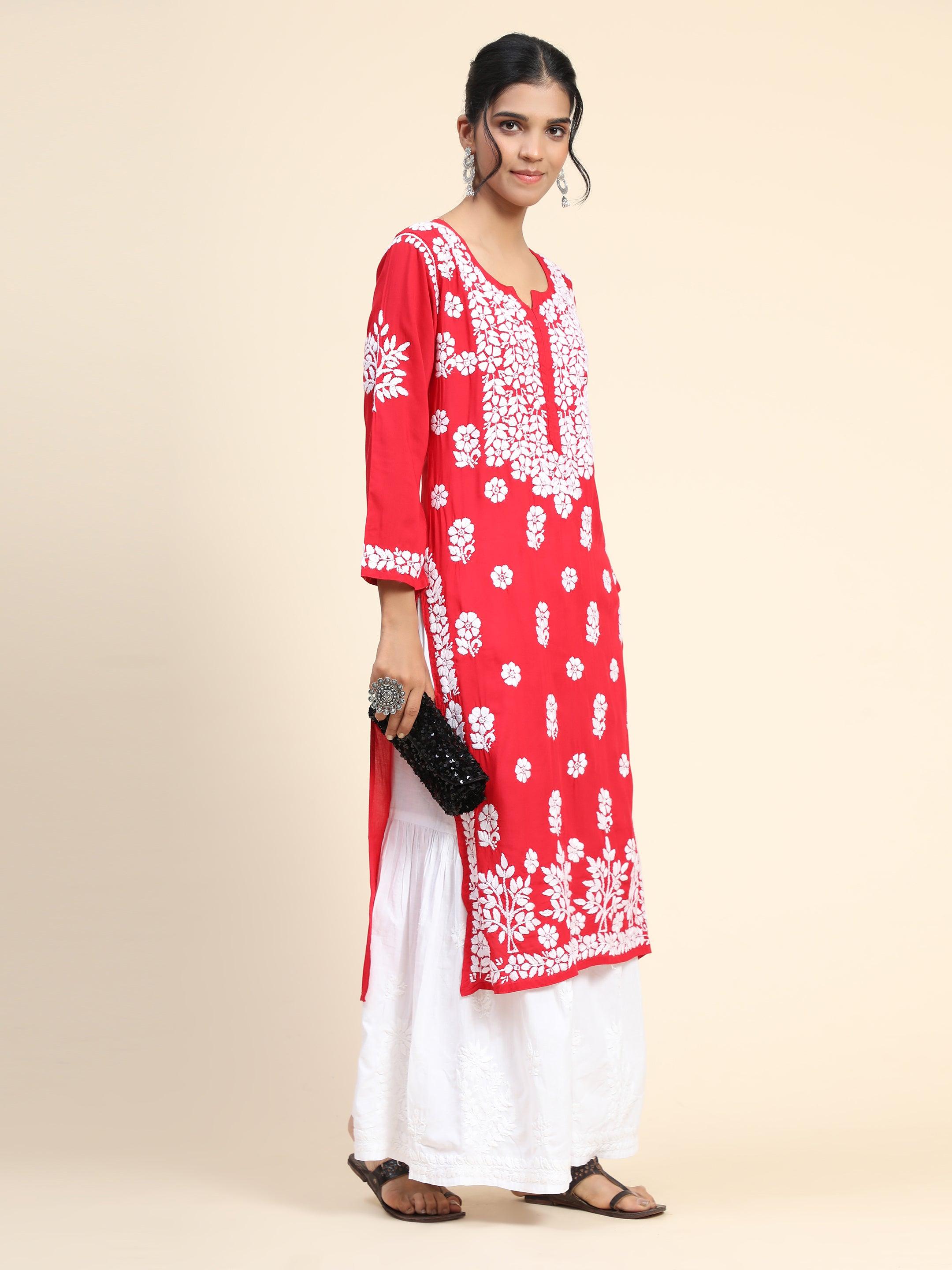Samma Premium Hand Embroidery Chikankari Kurta in Modal Cotton- Red - House Of Kari (Chikankari Clothing)