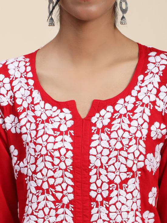 Miesha Iyer in Premium Hand Embroidery Chikankari Kurta Modal Cotton- Red - House Of Kari (Chikankari Clothing)