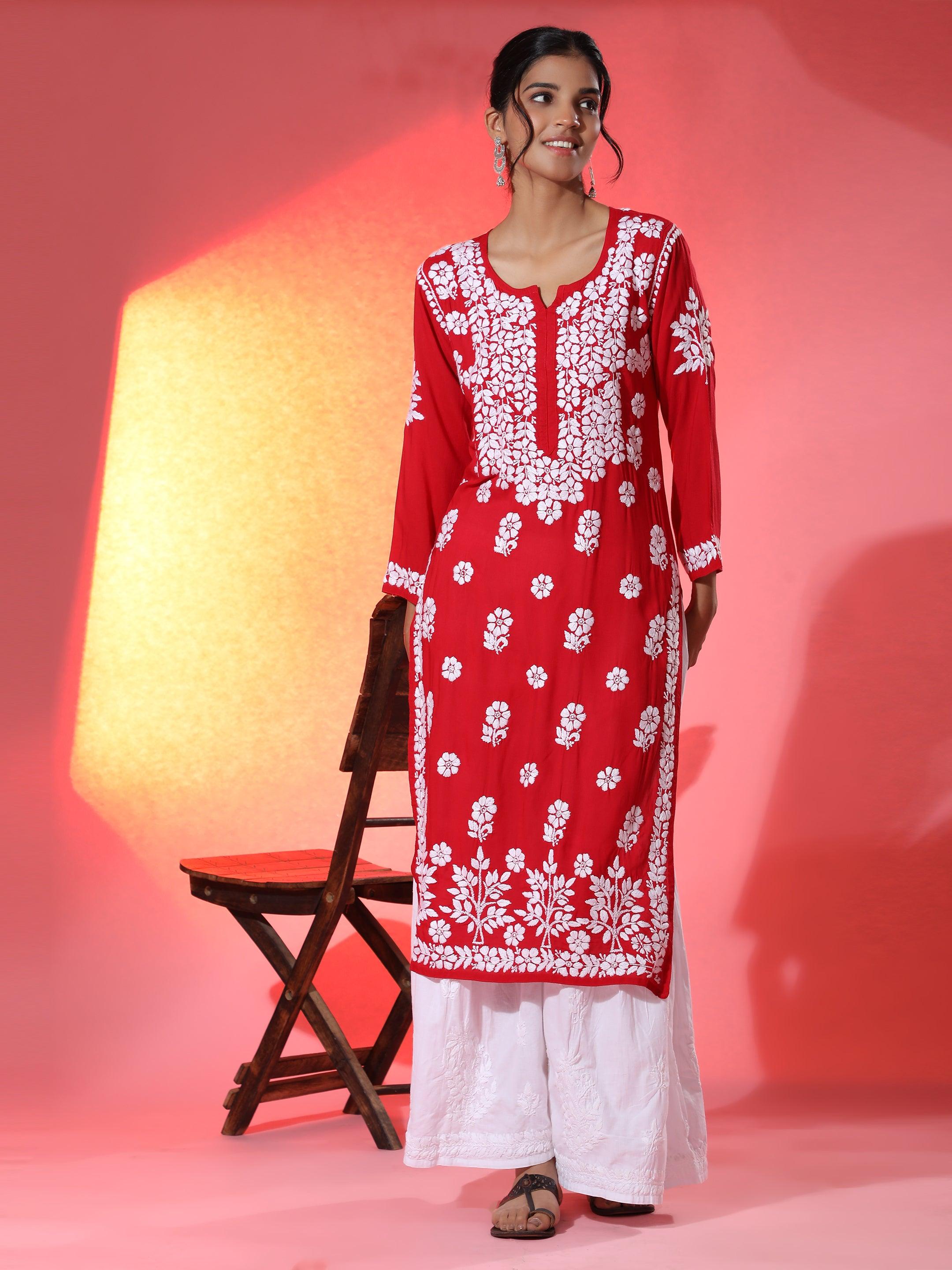 Samma Premium Hand Embroidery Chikankari Kurta in Modal Cotton- Red - House Of Kari (Chikankari Clothing)