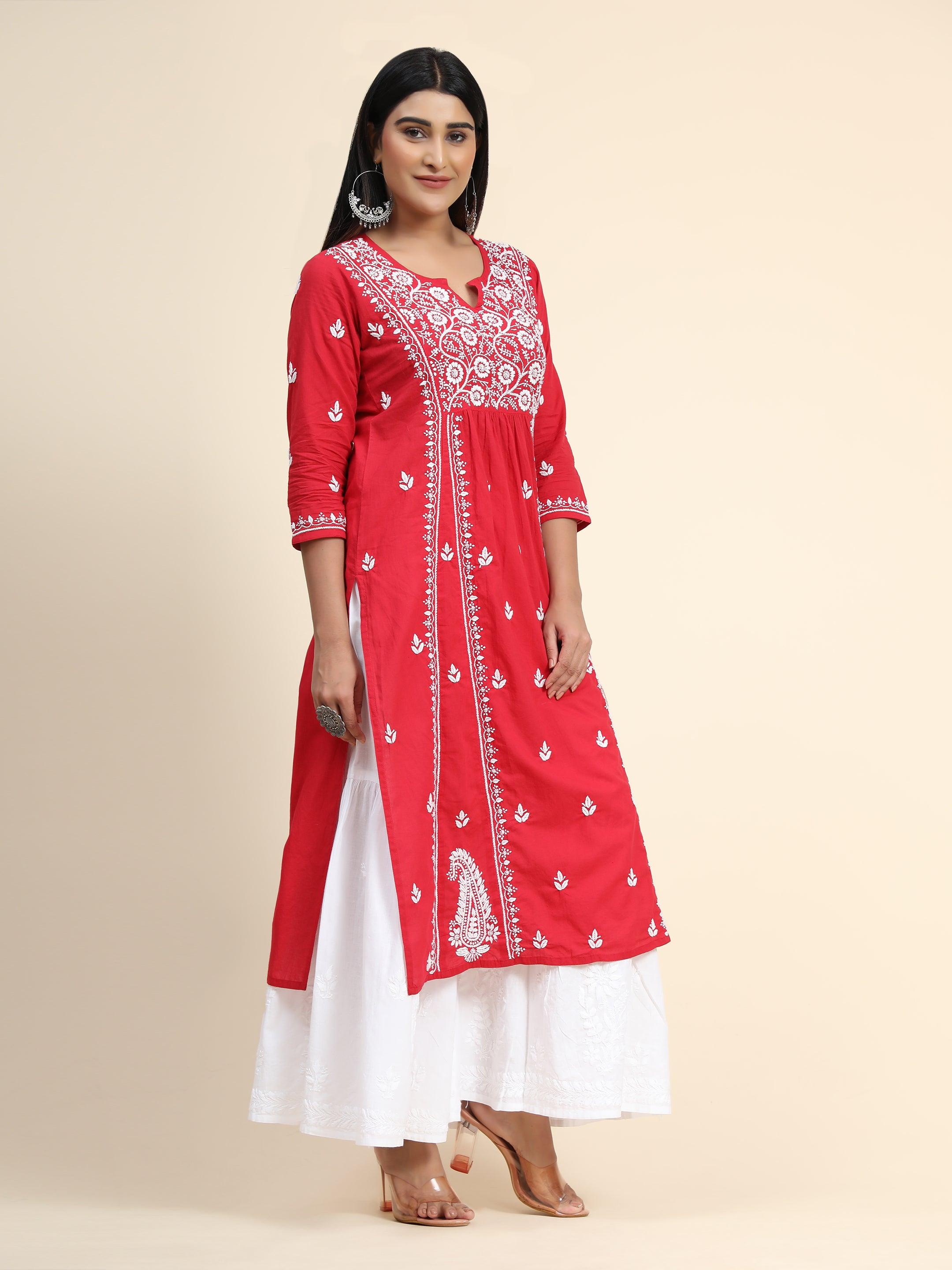 Hand Embroidery Chikankari Long Kurti for Women - House Of Kari (Chikankari Clothing)