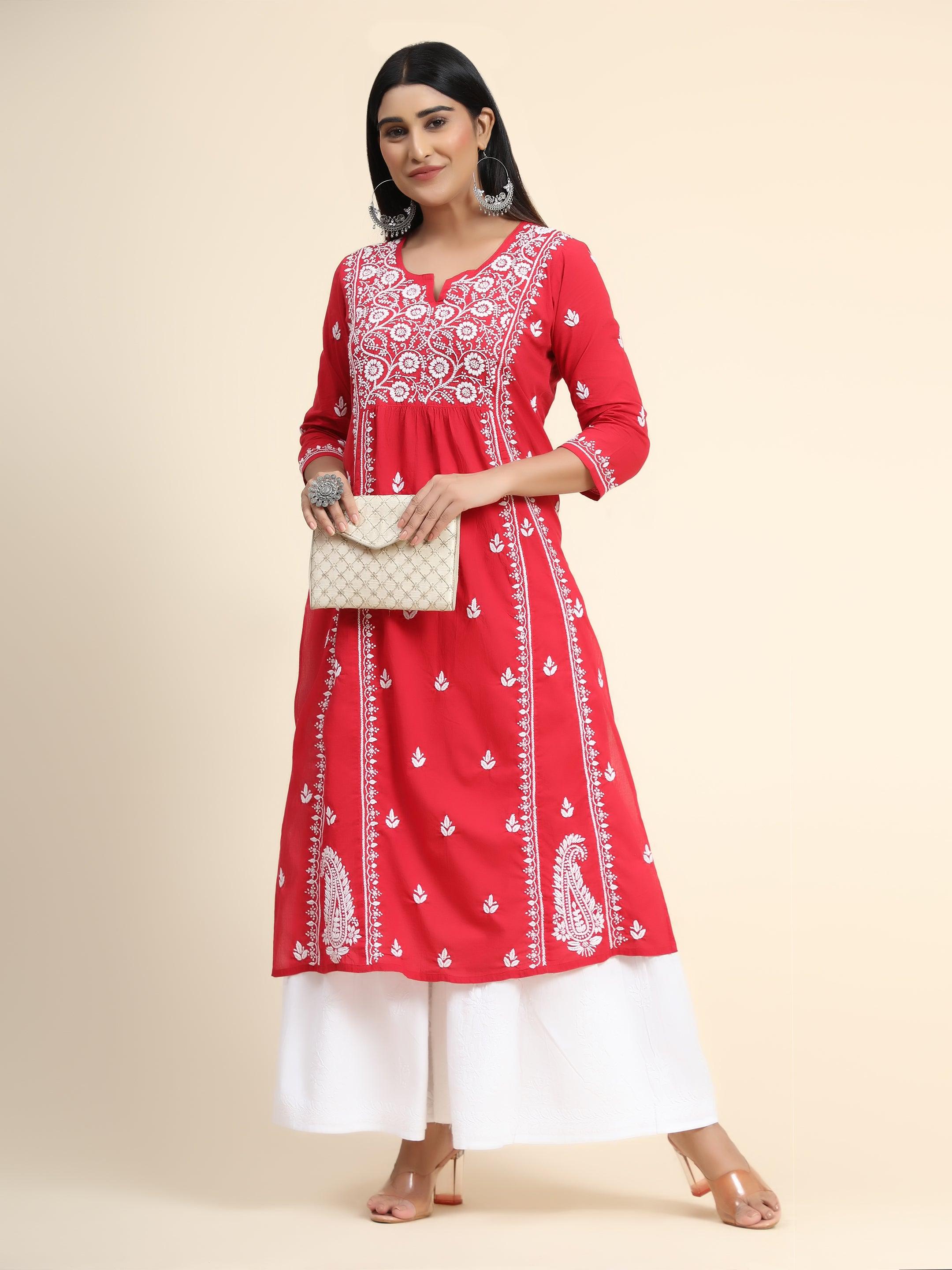 Hand Embroidery Chikankari Long Kurti for Women - House Of Kari (Chikankari Clothing)