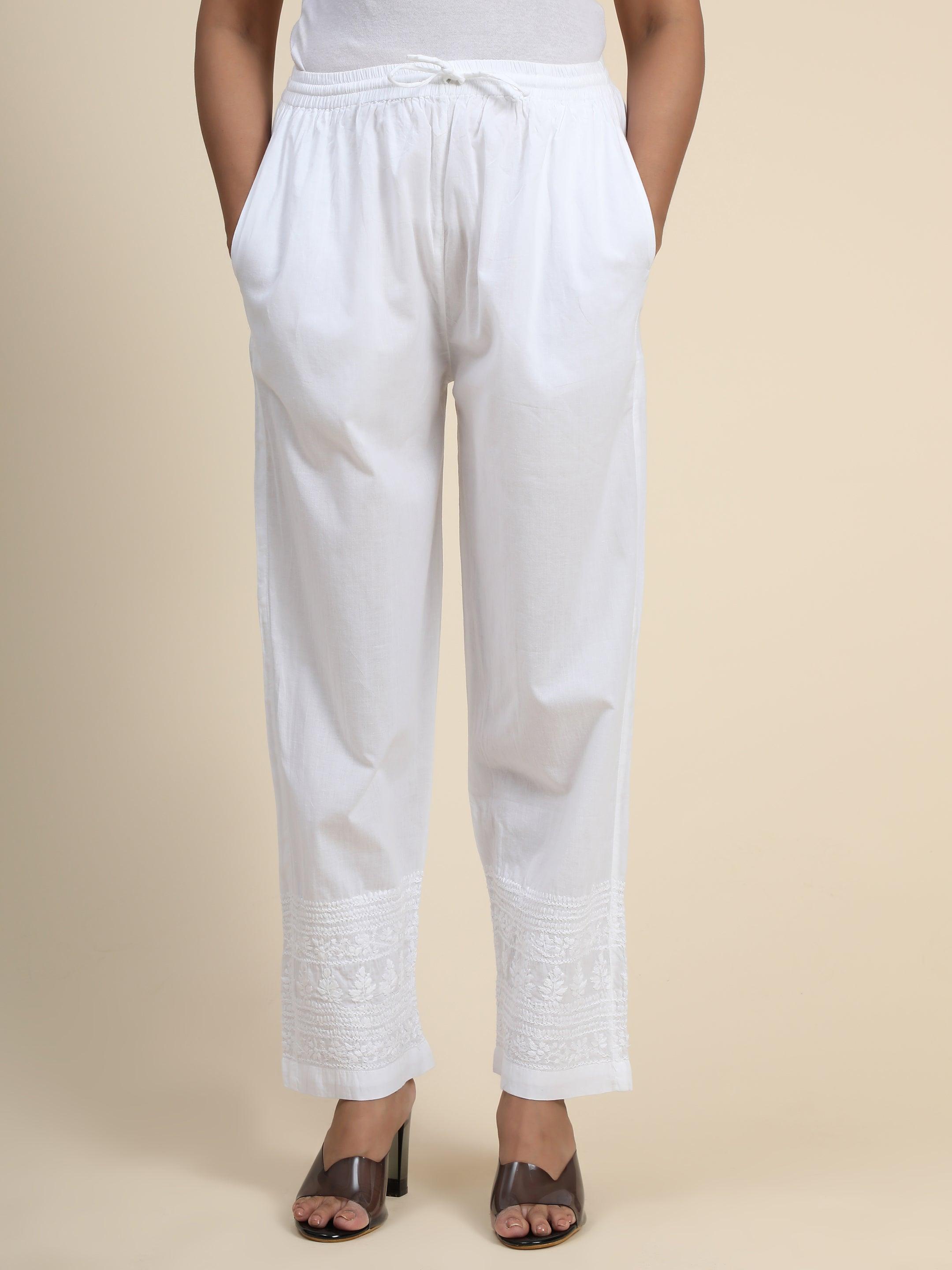 HOK Chikankari Cotton White Pant Trouser - House Of Kari (Chikankari Clothing)