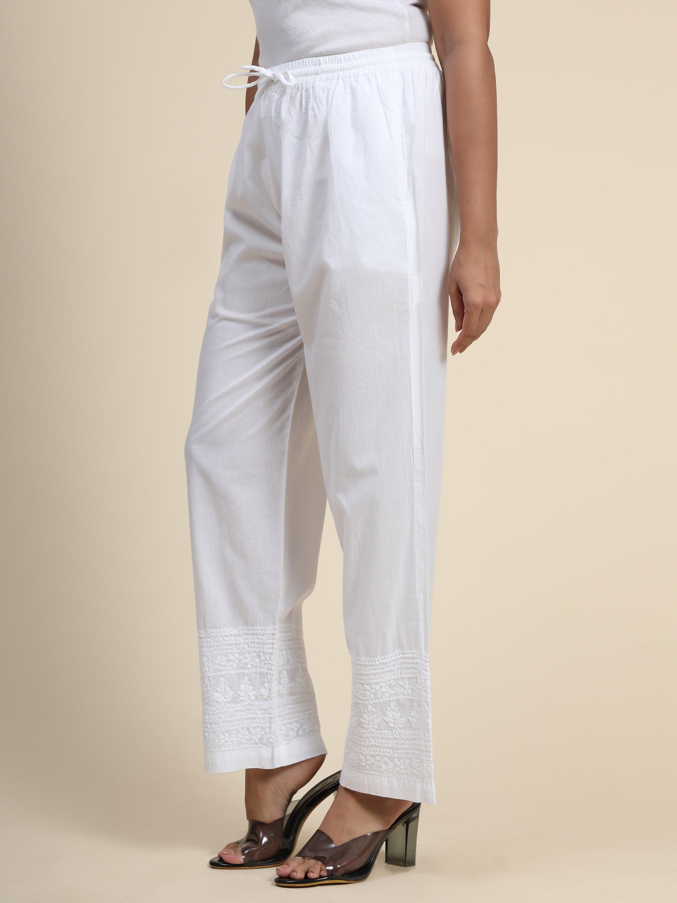 HOK Chikankari Cotton White Pant Trouser - House Of Kari (Chikankari Clothing)