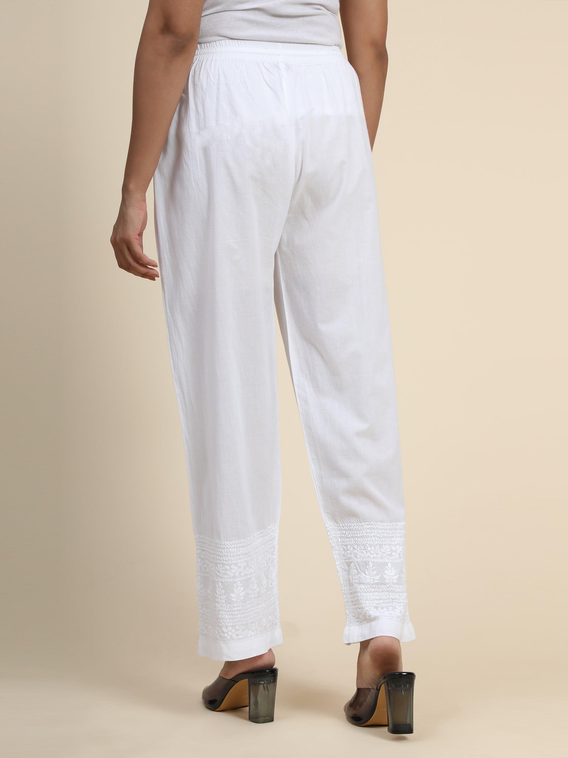 HOK Chikankari Cotton White Pant Trouser - House Of Kari (Chikankari Clothing)