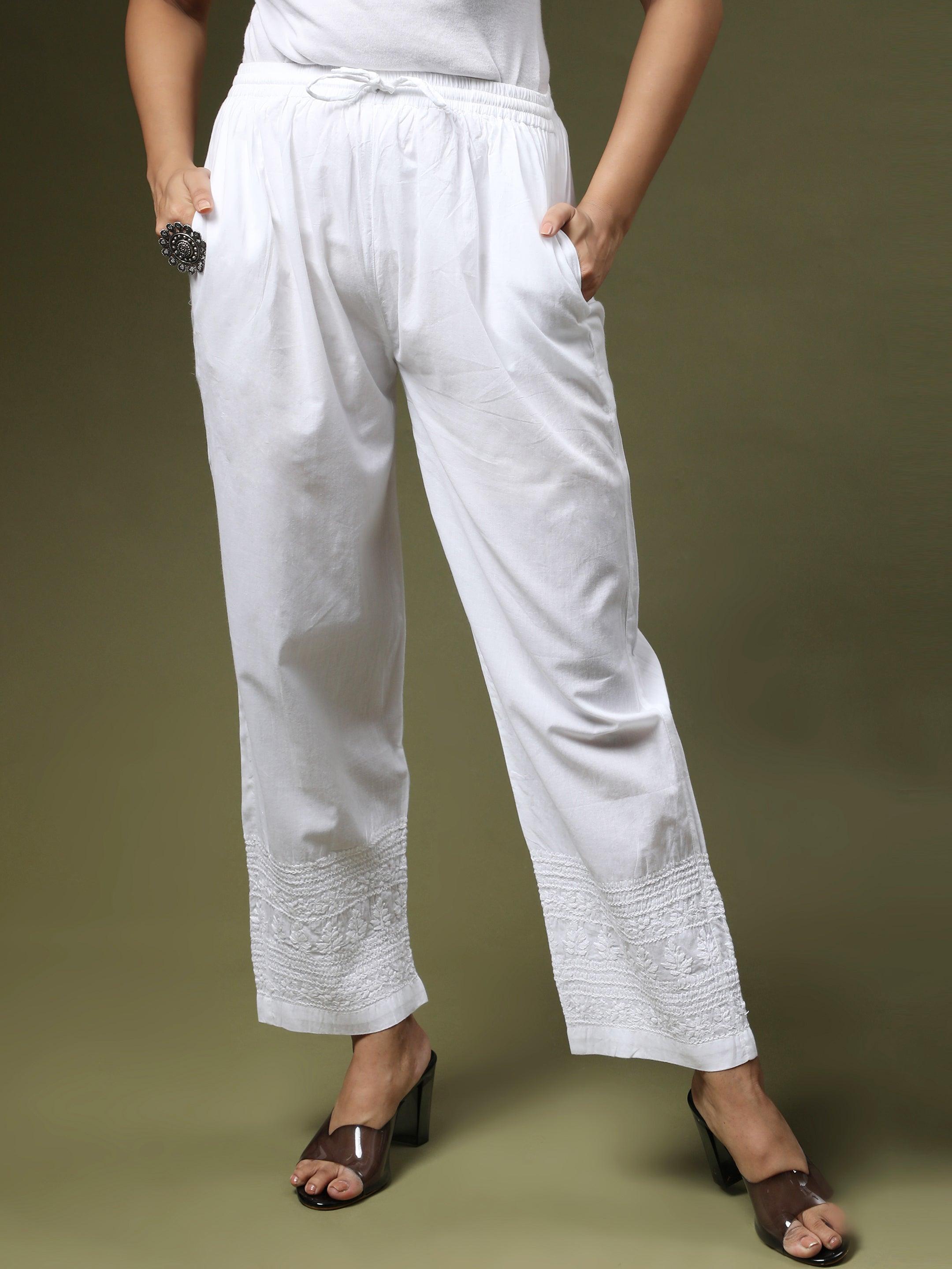 HOK Chikankari Cotton White Pant Trouser - House Of Kari (Chikankari Clothing)